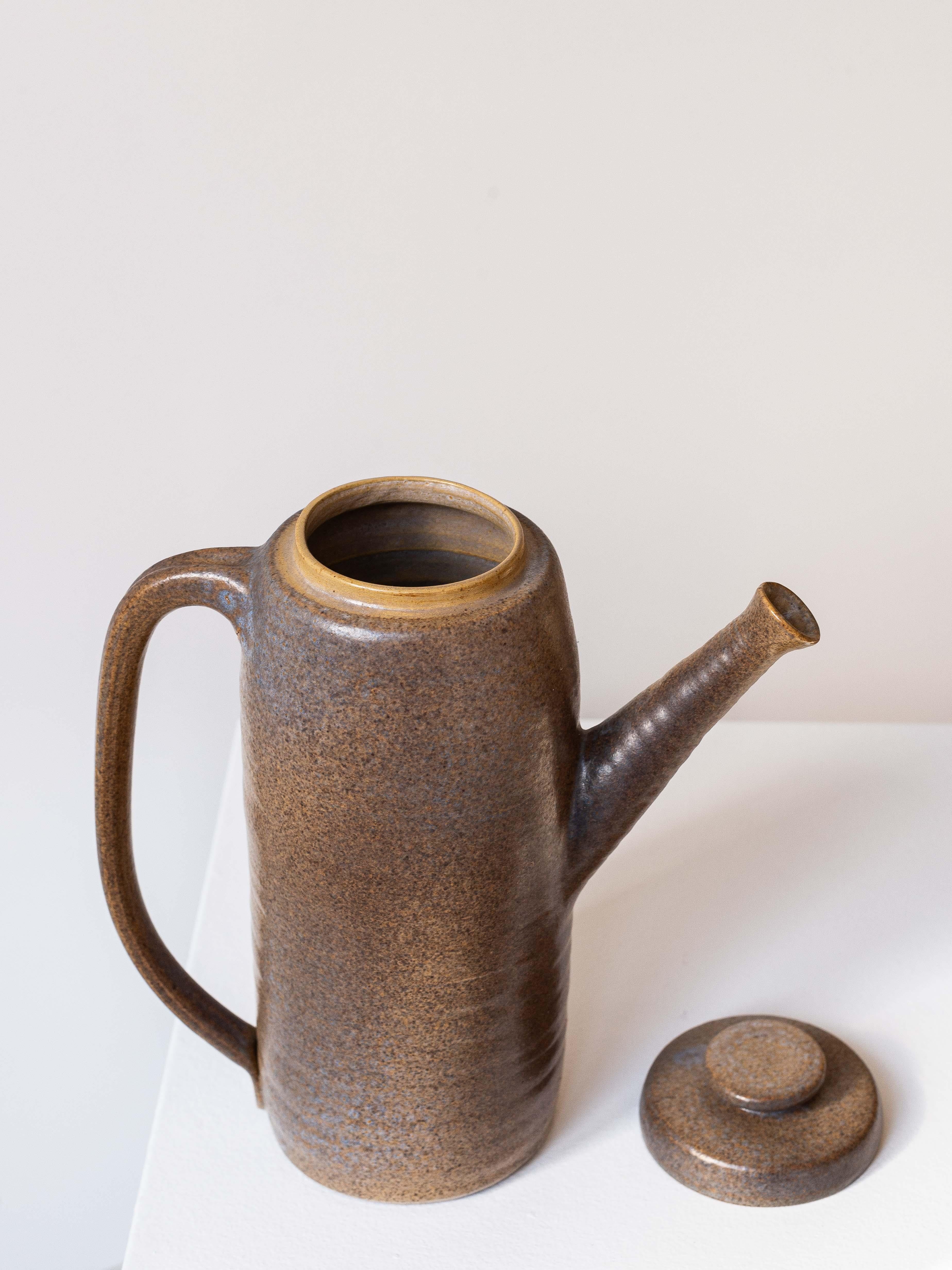 Clay Handmade Ceramic Teapot in Brown Enamel France 1970s For Sale