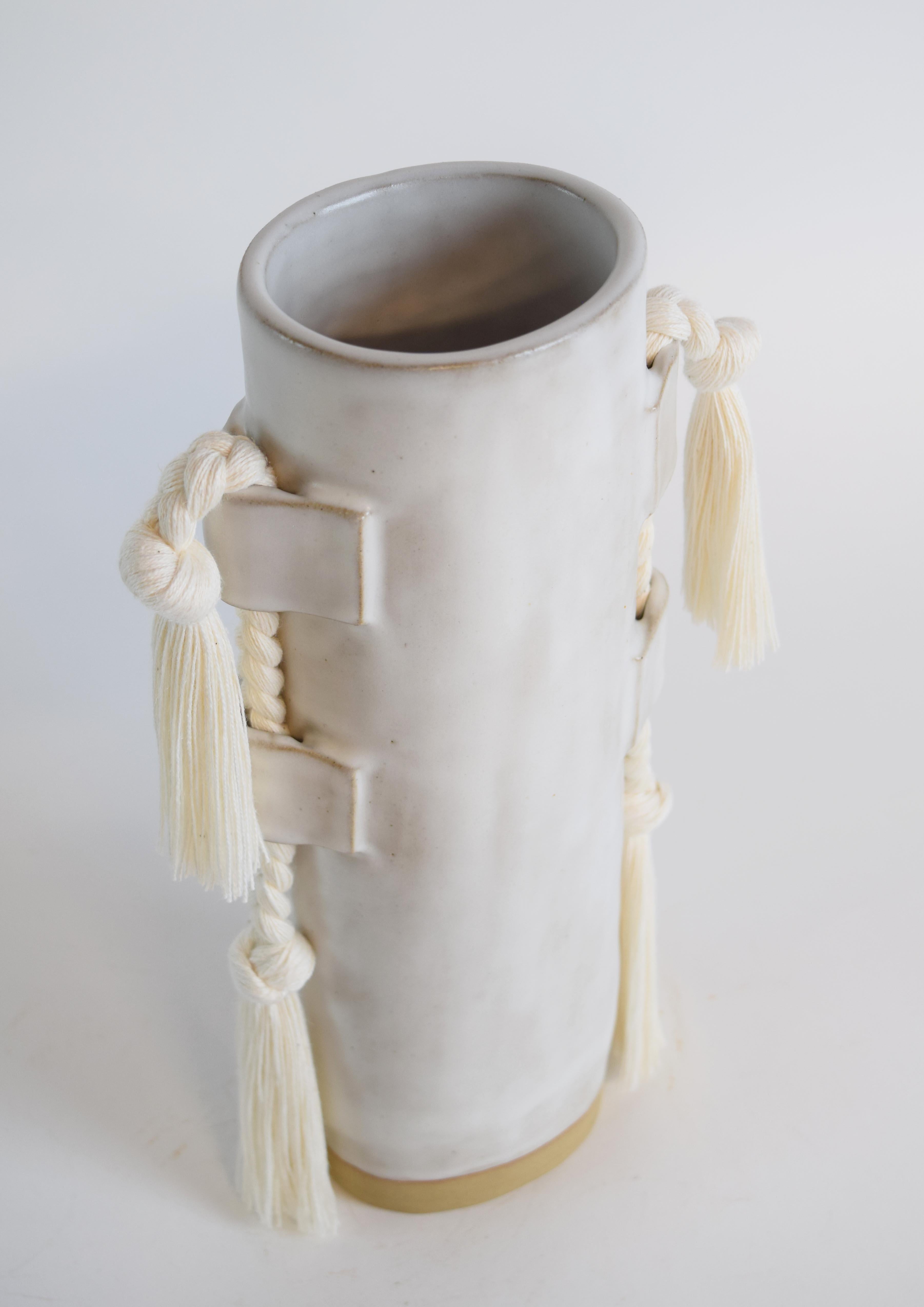 Organic Modern Handmade Ceramic Vase #504 in Satin White with White Cotton Braid and Fringe For Sale
