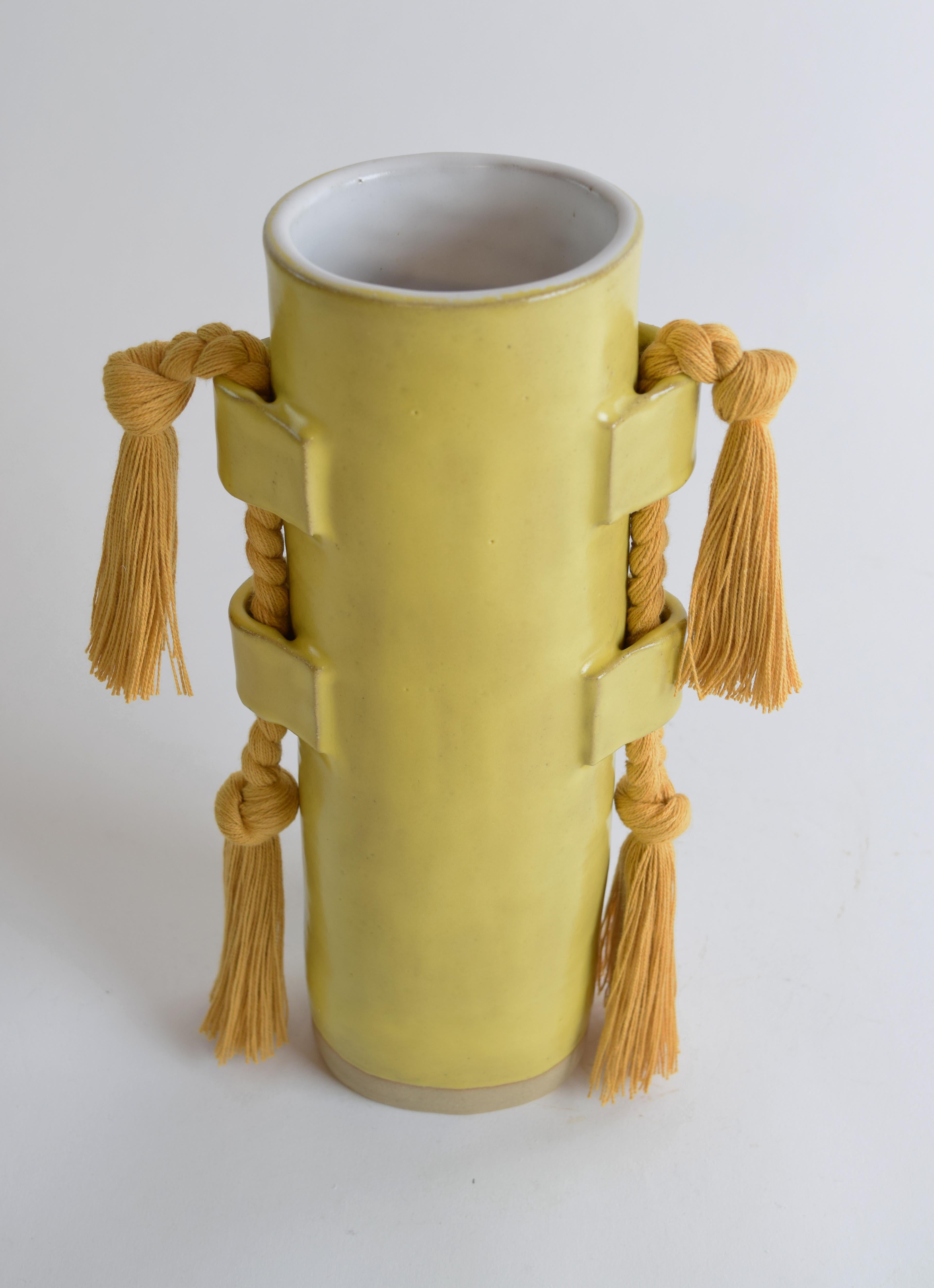Organic Modern Handmade Ceramic Vase #504 in Satin Yellow with Marigold Cotton Braid and Fringe For Sale