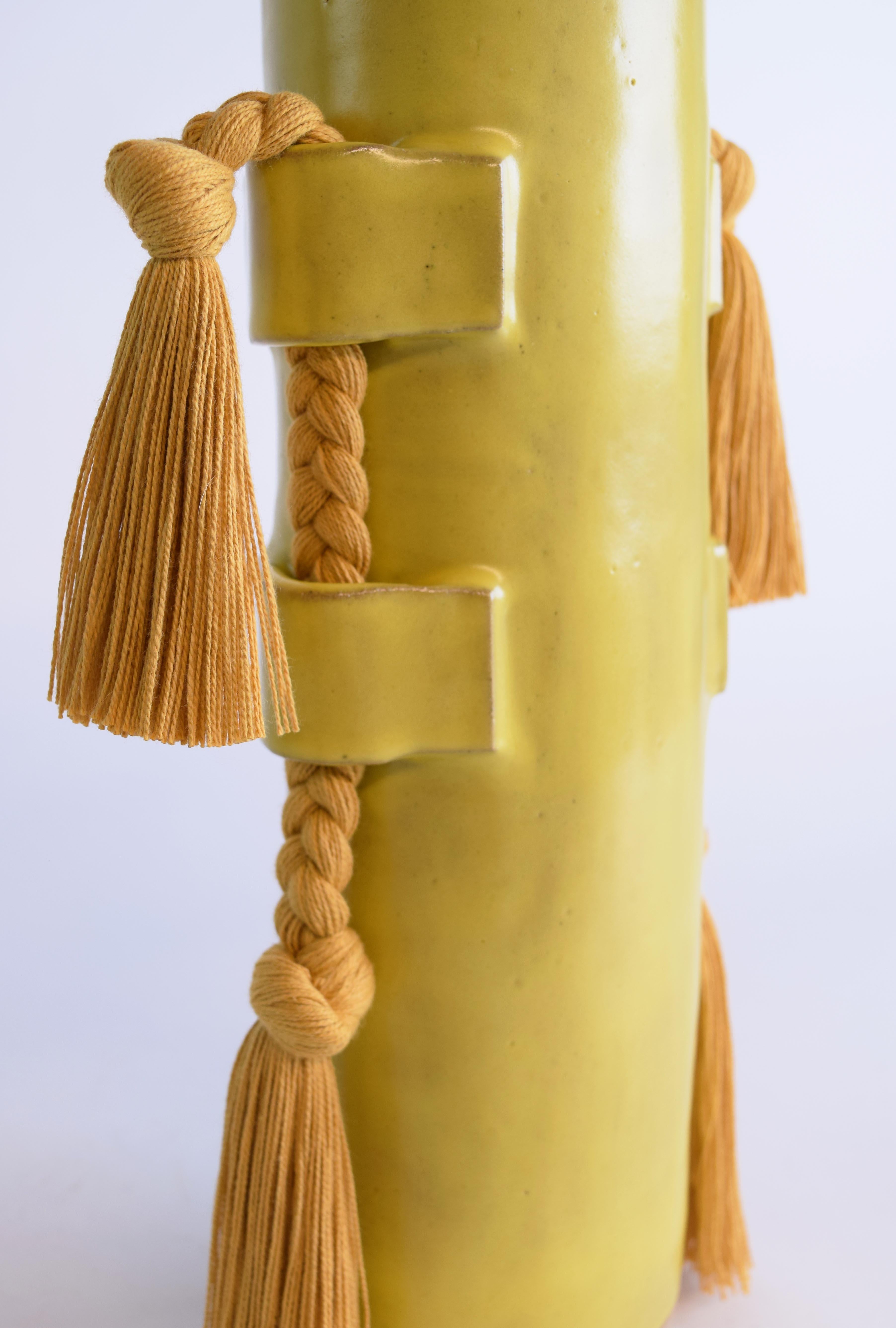 American Handmade Ceramic Vase #504 in Satin Yellow with Marigold Cotton Braid and Fringe For Sale