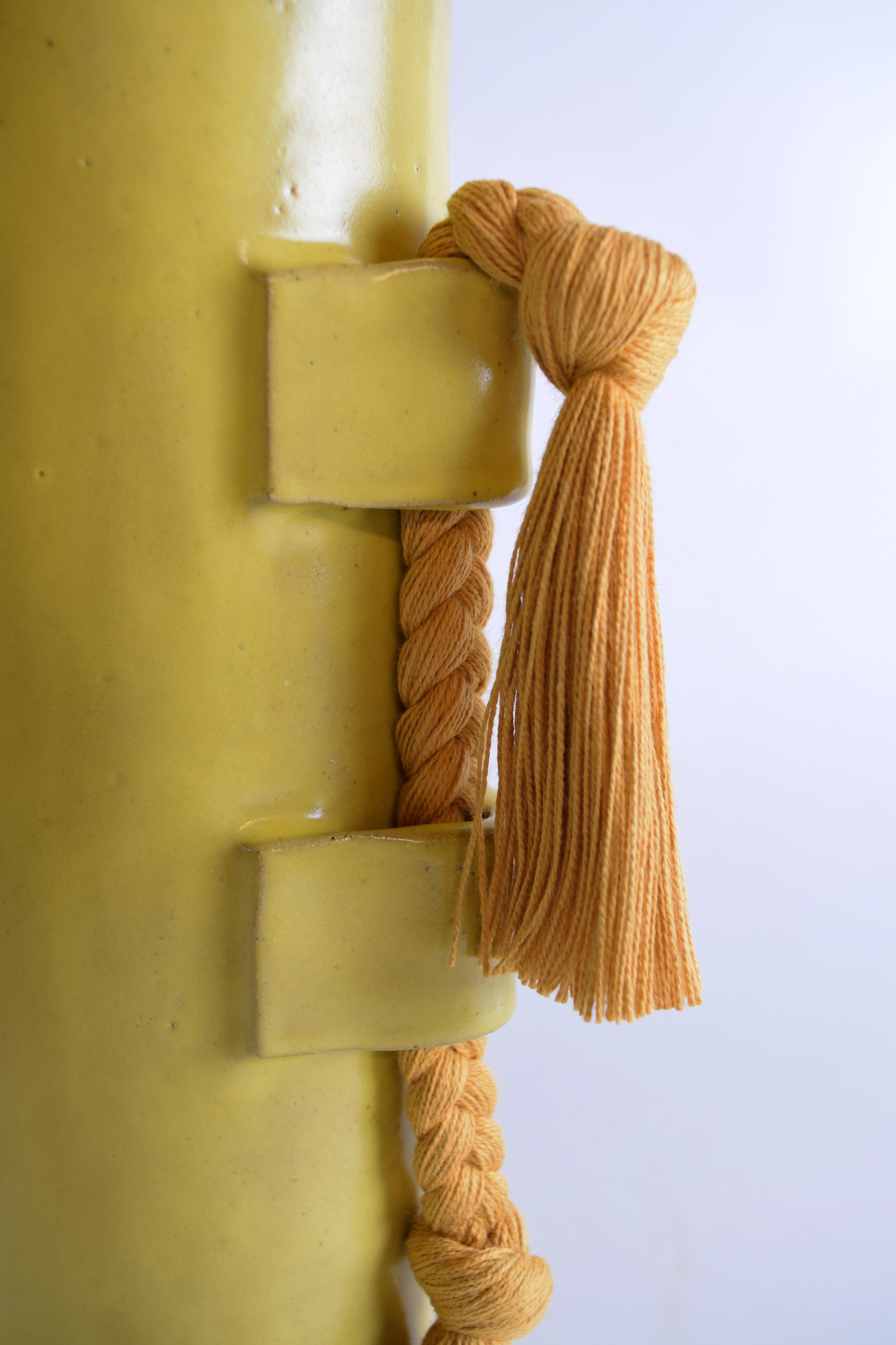 Hand-Crafted Handmade Ceramic Vase #504 in Satin Yellow with Marigold Cotton Braid and Fringe For Sale