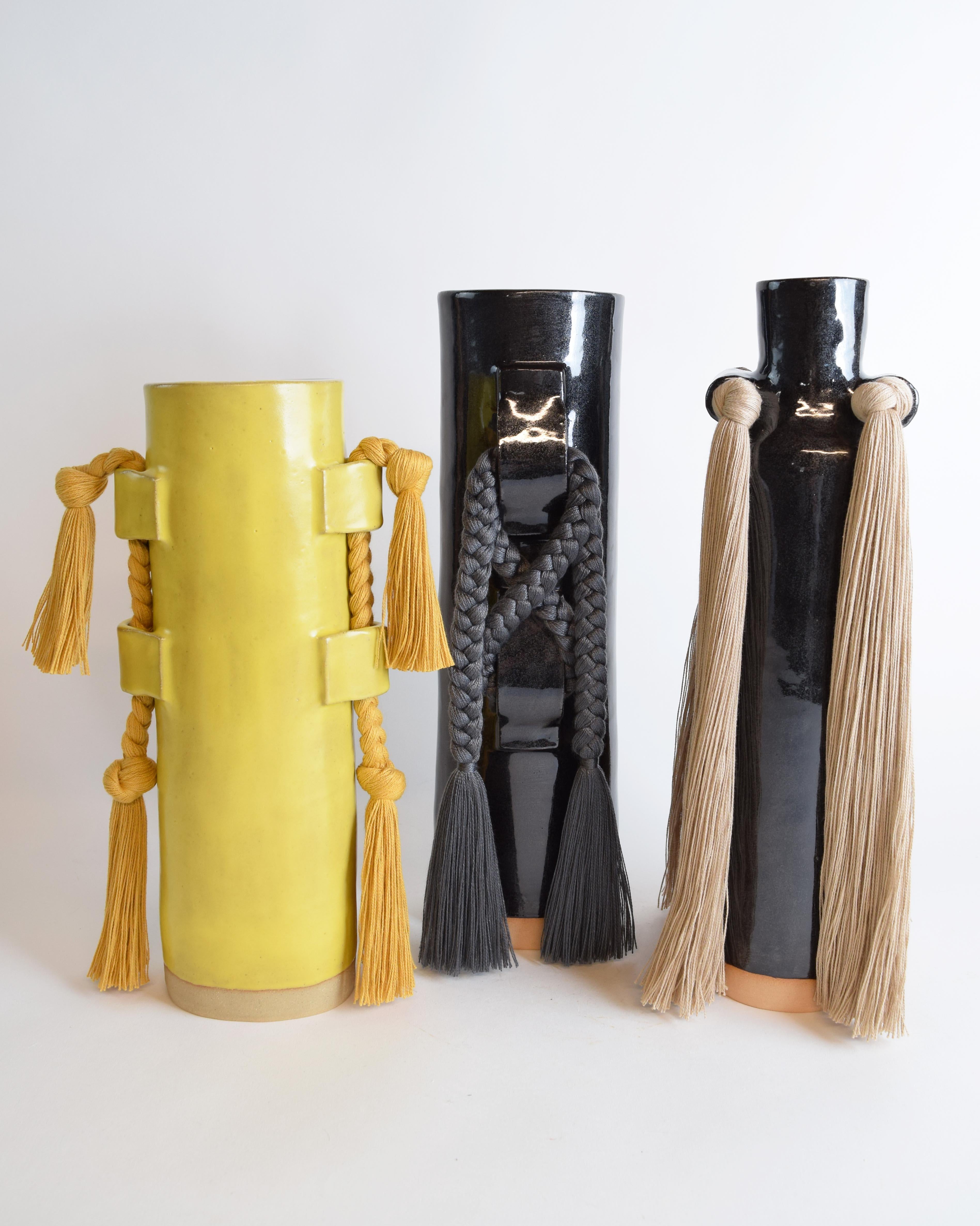 Contemporary Handmade Ceramic Vase #504 in Satin Yellow with Marigold Cotton Braid and Fringe For Sale