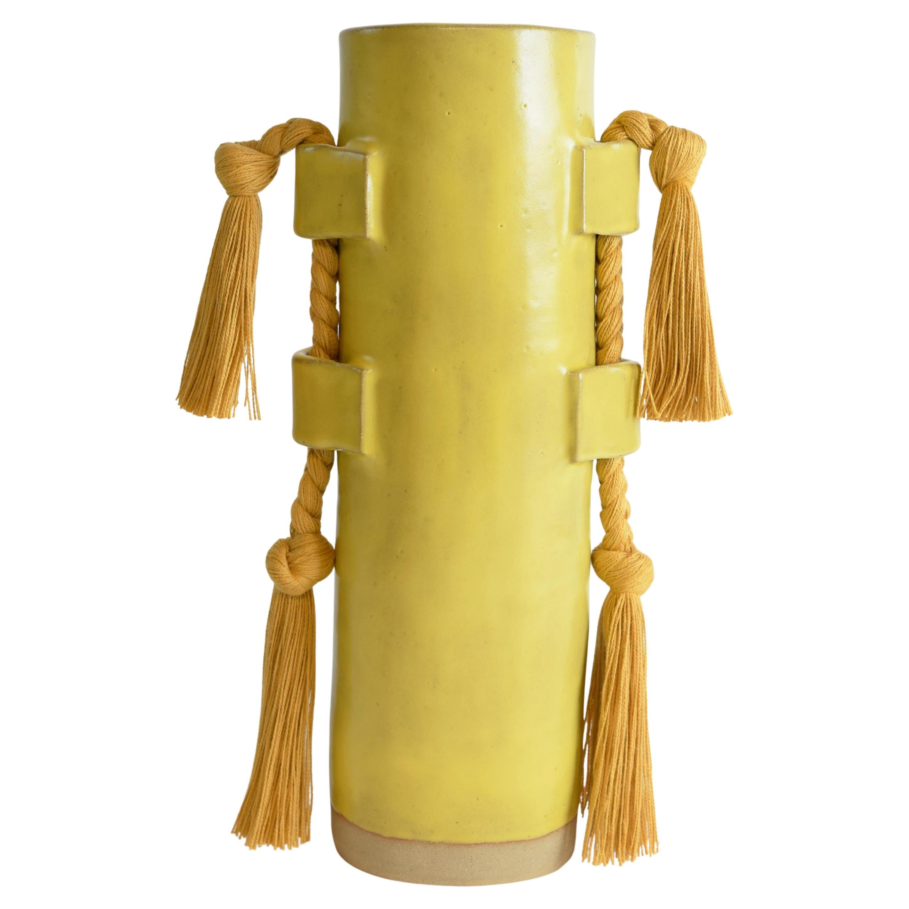 Handmade Ceramic Vase #504 in Satin Yellow with Marigold Cotton Braid and Fringe For Sale