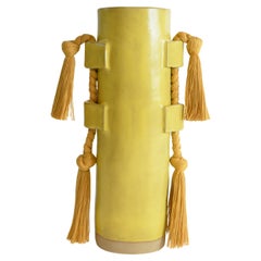Handmade Ceramic Vase #504 in Satin Yellow with Marigold Cotton Braid and Fringe