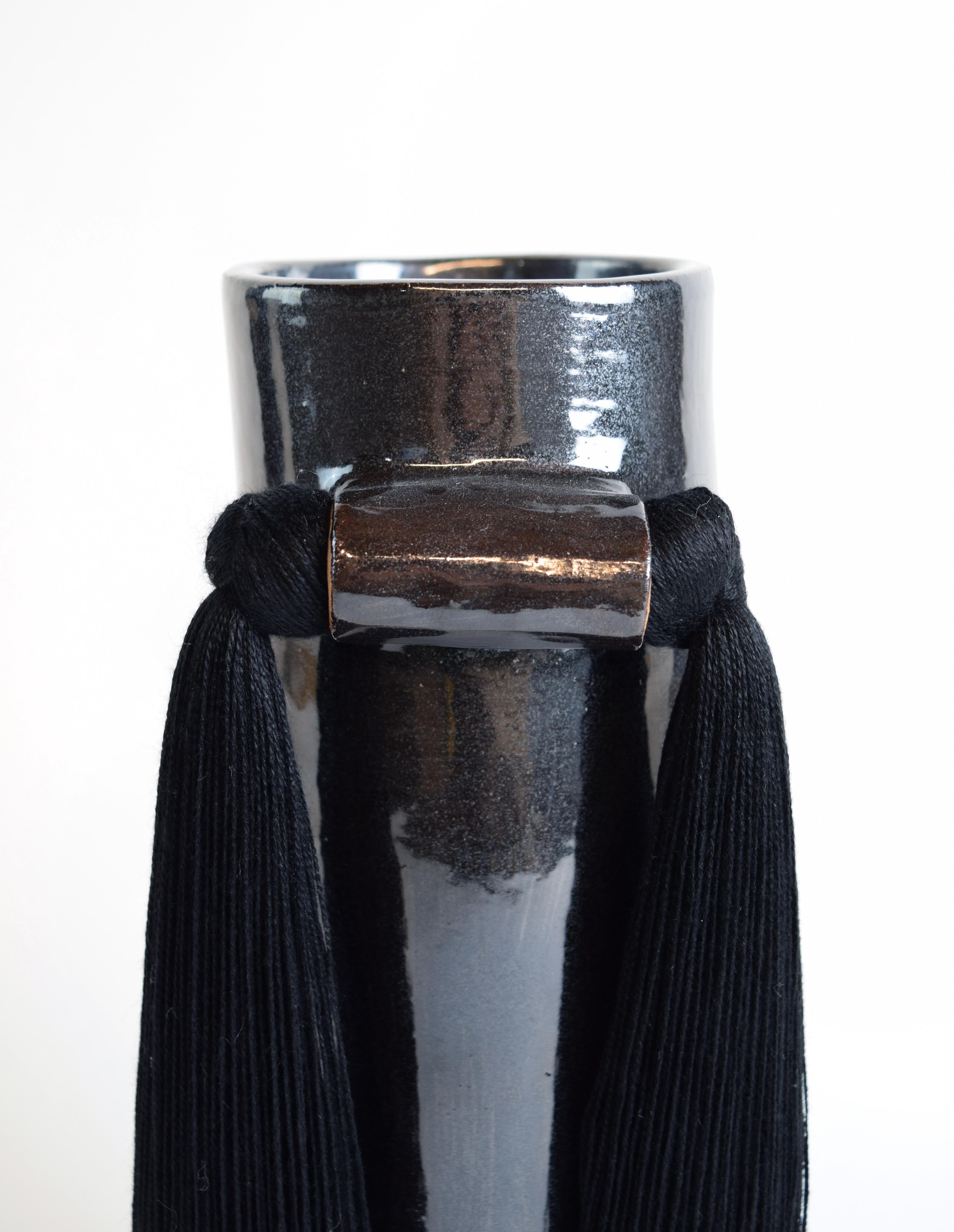 American Handmade Ceramic Vase #531 in Black Glaze with Black Tencel Fringe For Sale