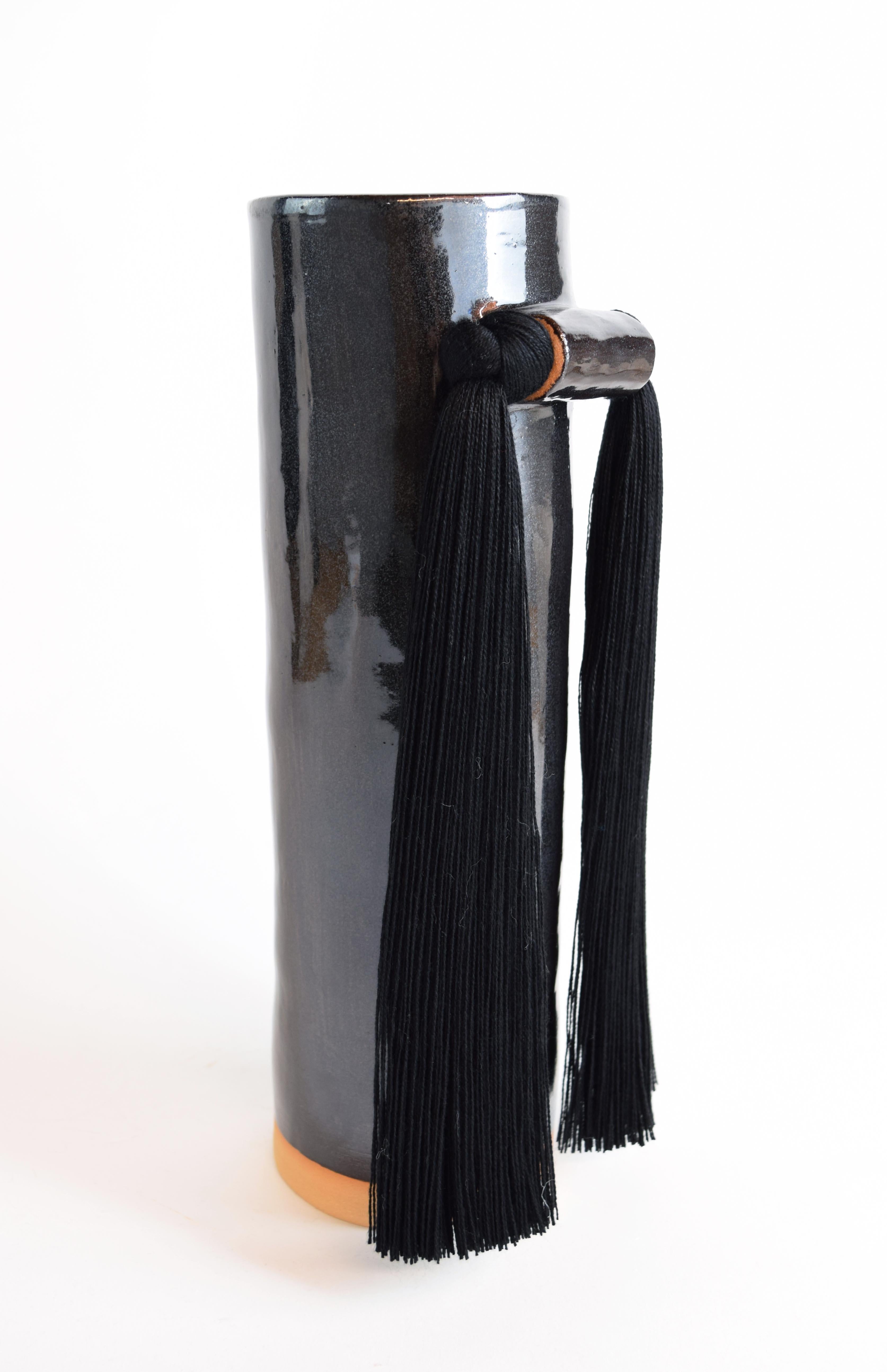 Organic Modern Handmade Ceramic Vase #531 in Black Glaze with Black Tencel Fringe For Sale