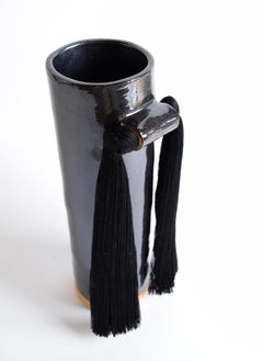 Handmade Ceramic Vase #531 in Black Glaze with Black Tencel Fringe