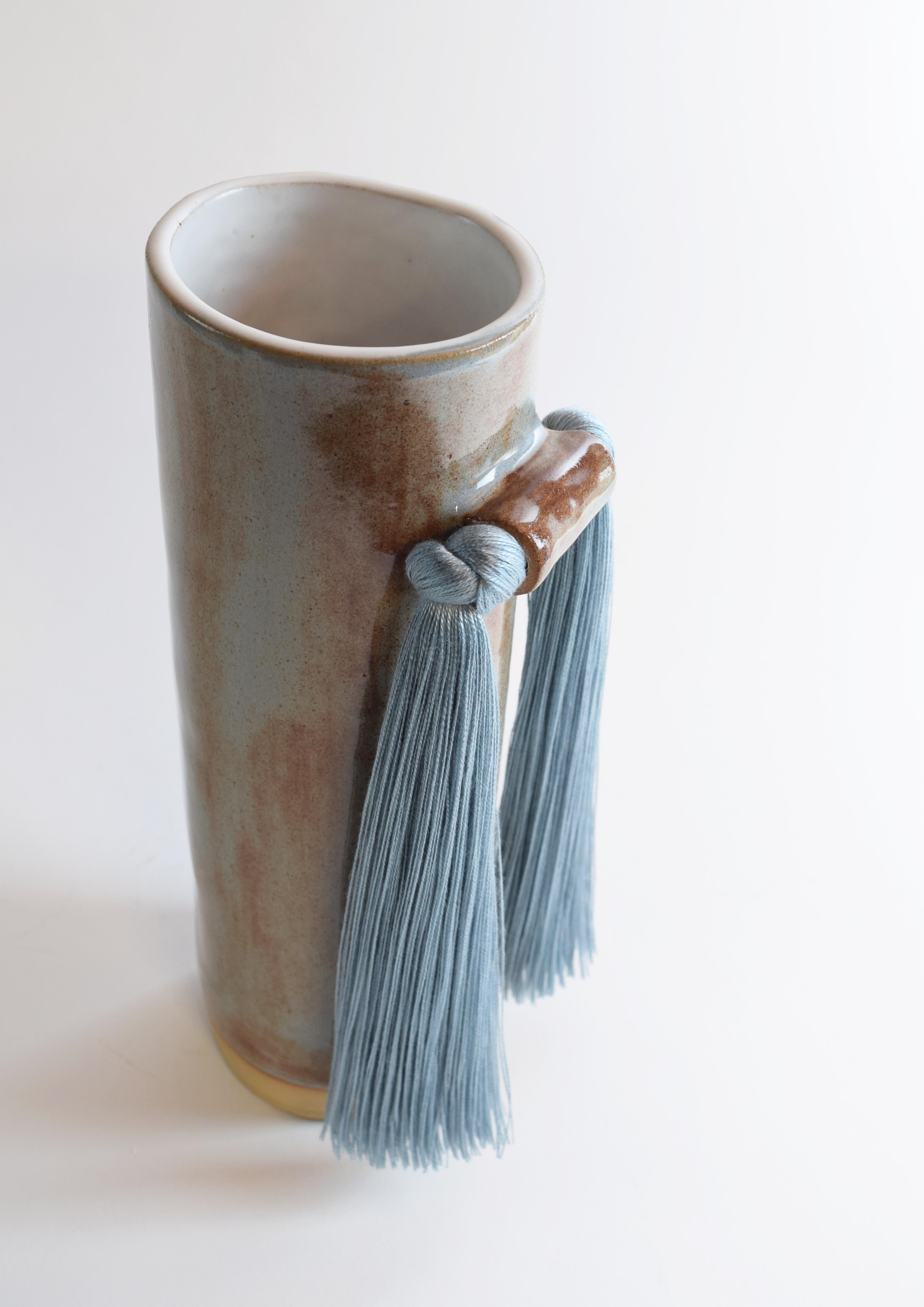 Organic Modern Handmade Ceramic Vase #531 in Blue Shino Glaze with Blue Tencel Fringe For Sale