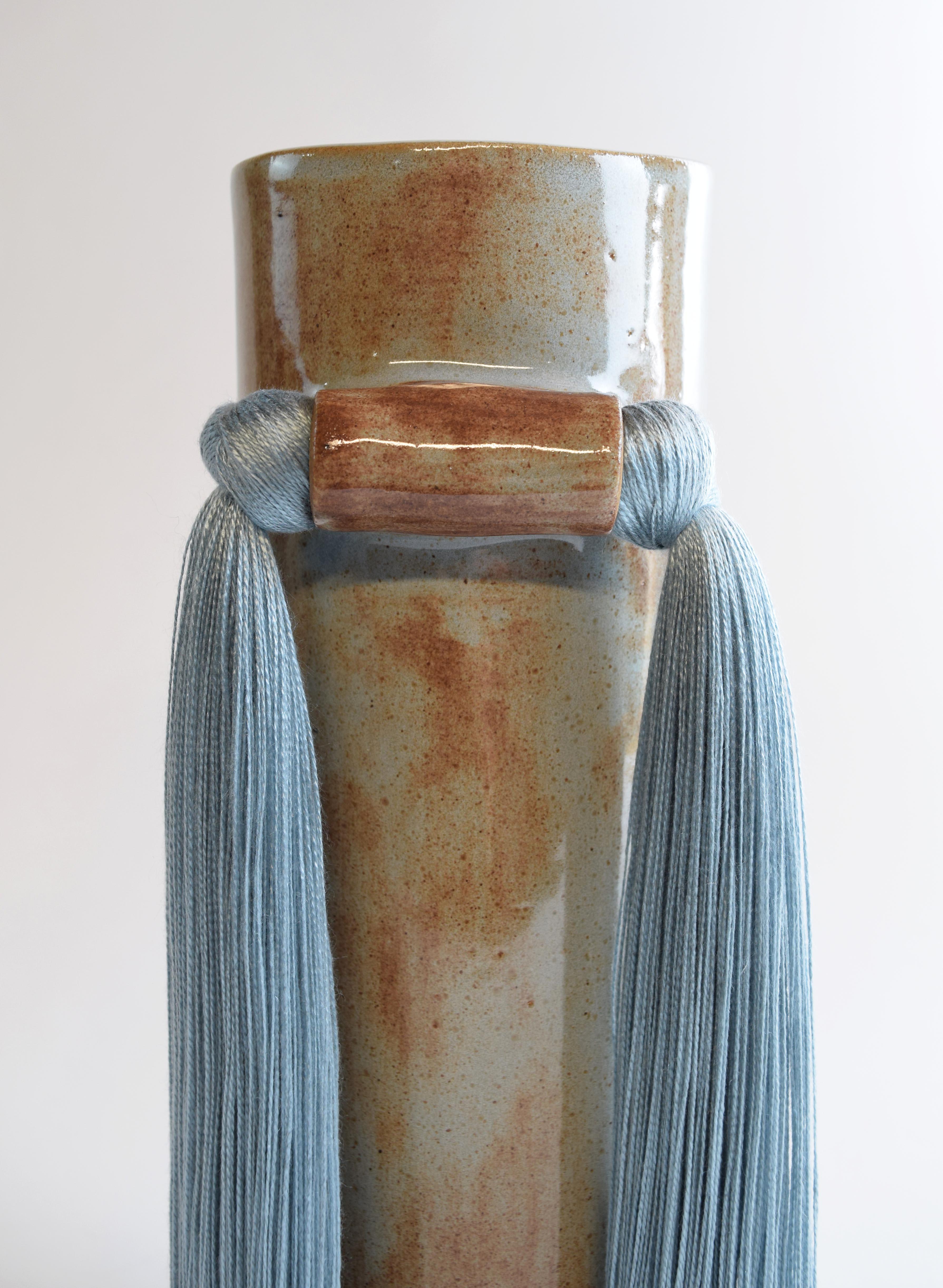 American Handmade Ceramic Vase #531 in Blue Shino Glaze with Blue Tencel Fringe For Sale