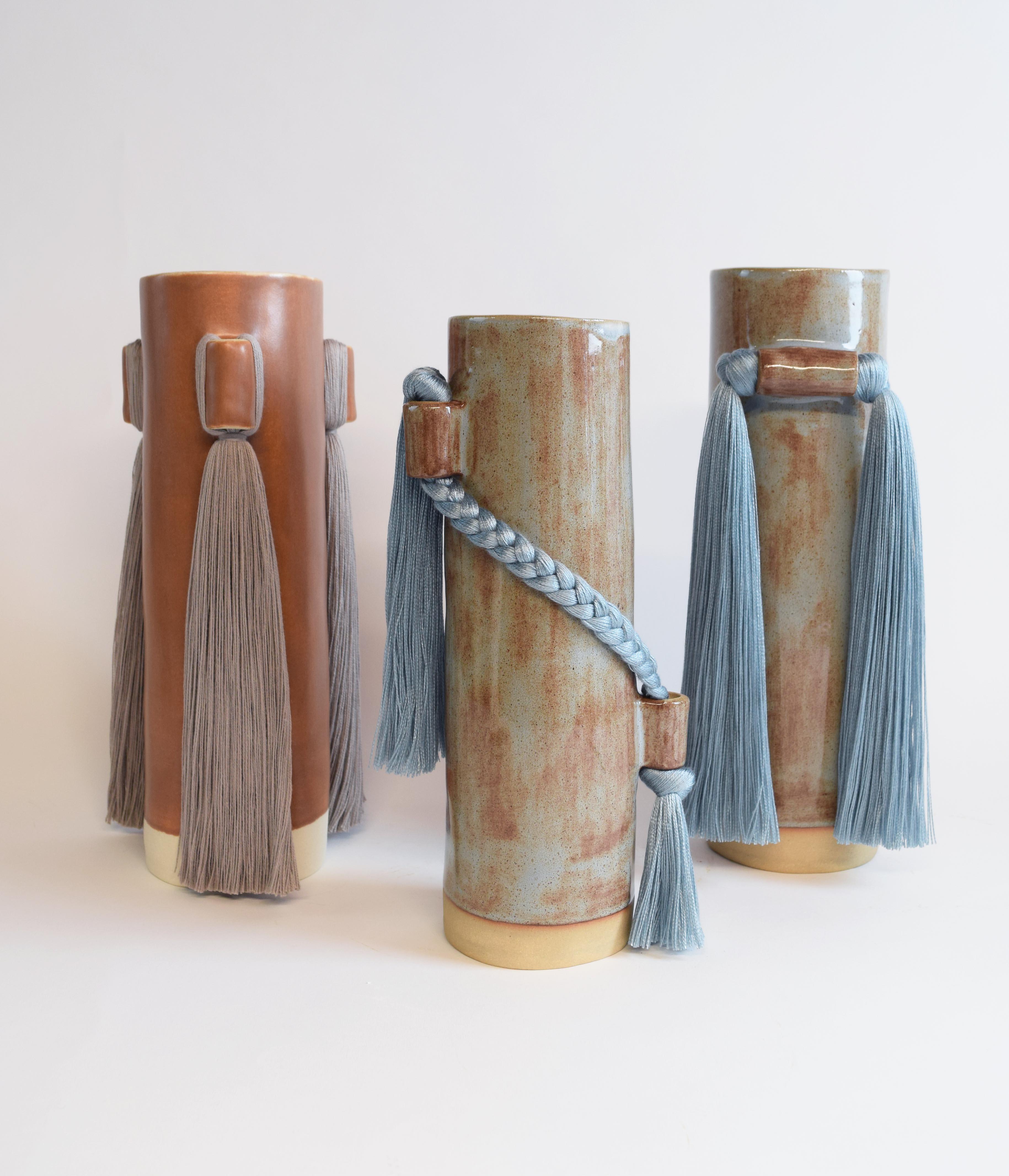 Handmade Ceramic Vase #531 in Blue Shino Glaze with Blue Tencel Fringe For Sale 1