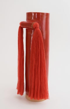 Handmade Ceramic Vase #531 in Red Glaze with Red Tencel Fringe