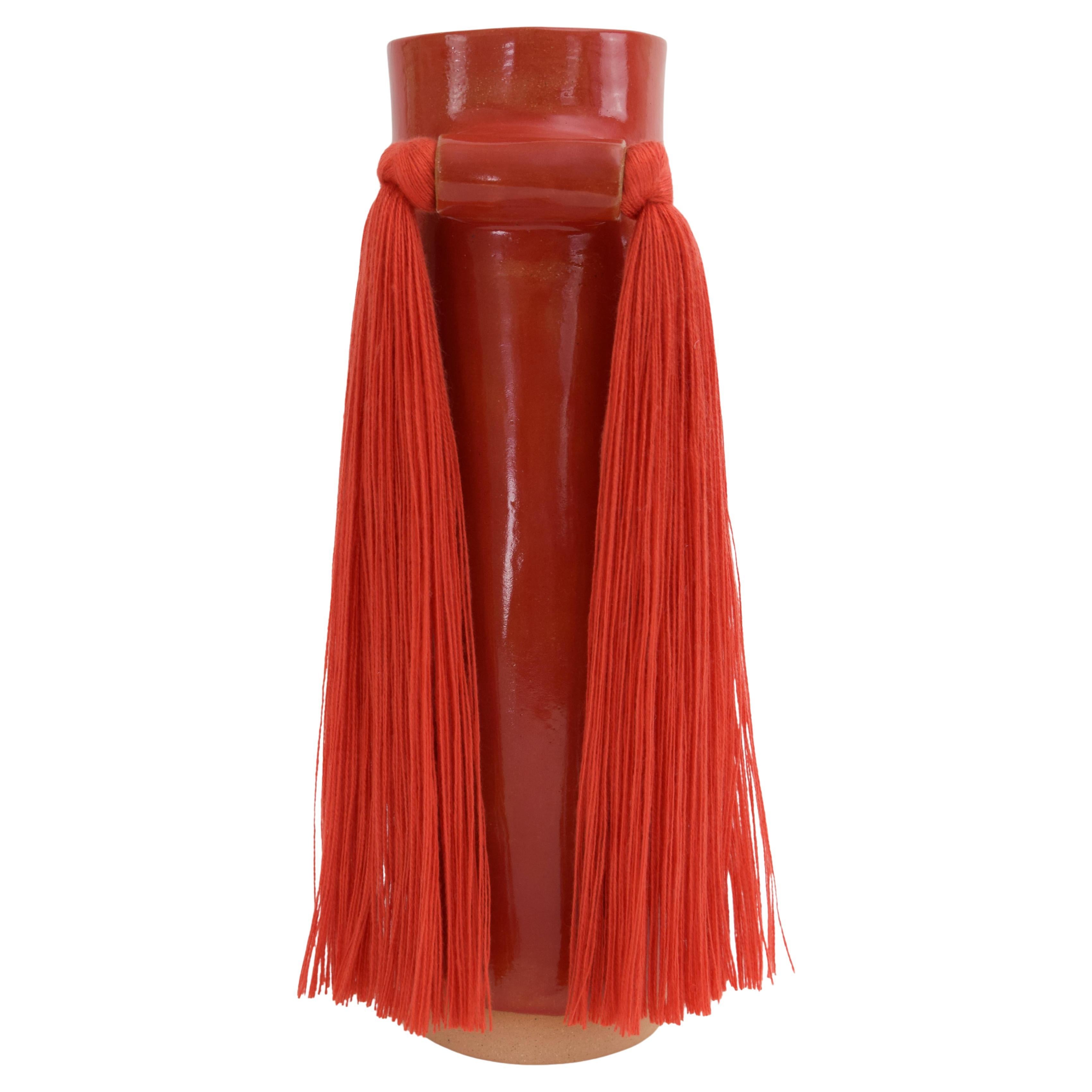 Handmade Ceramic Vase #531 in Red Glaze with Red Tencel Fringe For Sale