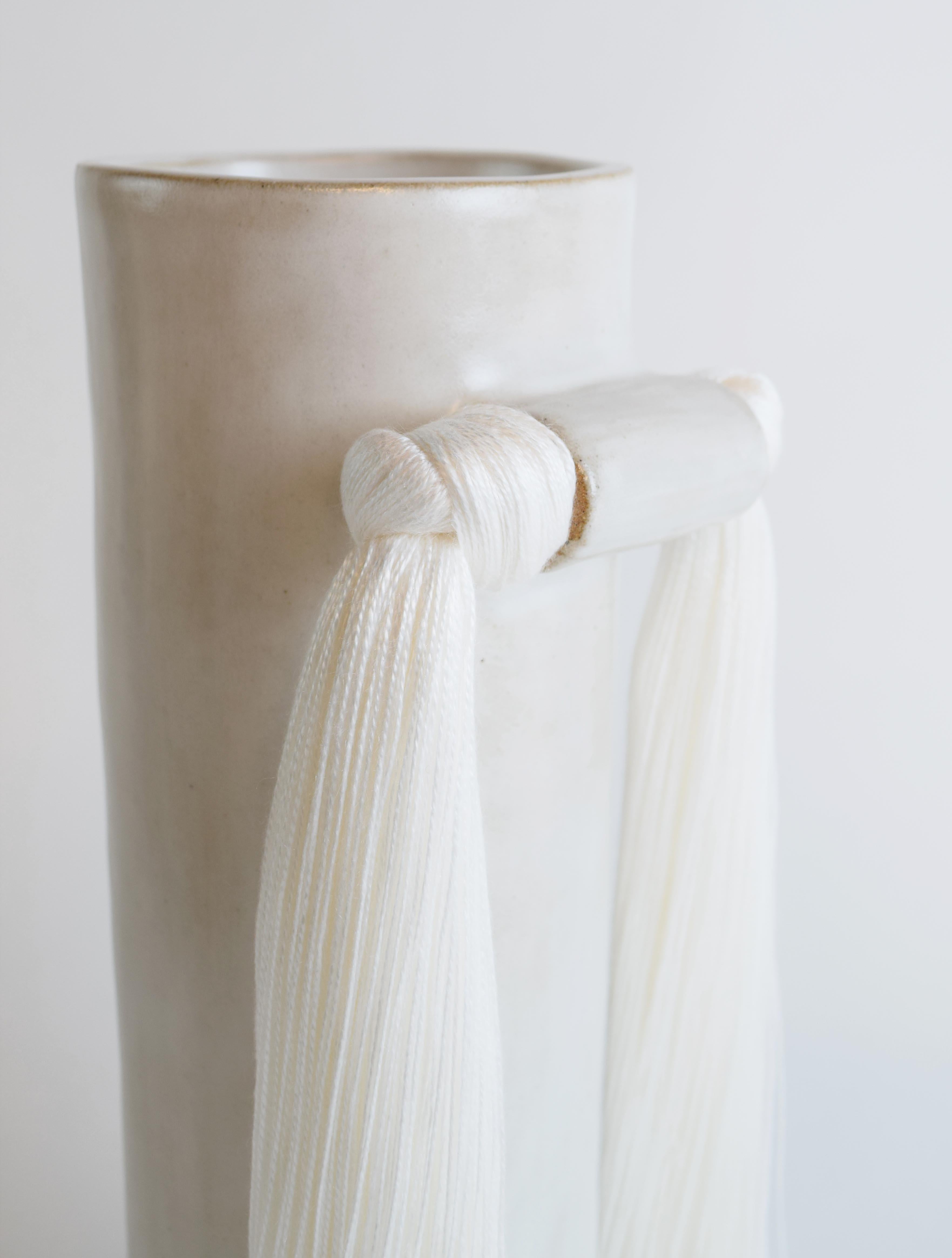 Organic Modern Handmade Ceramic Vase #531 in Satin White Glaze with White Tencel Fringe Detail For Sale