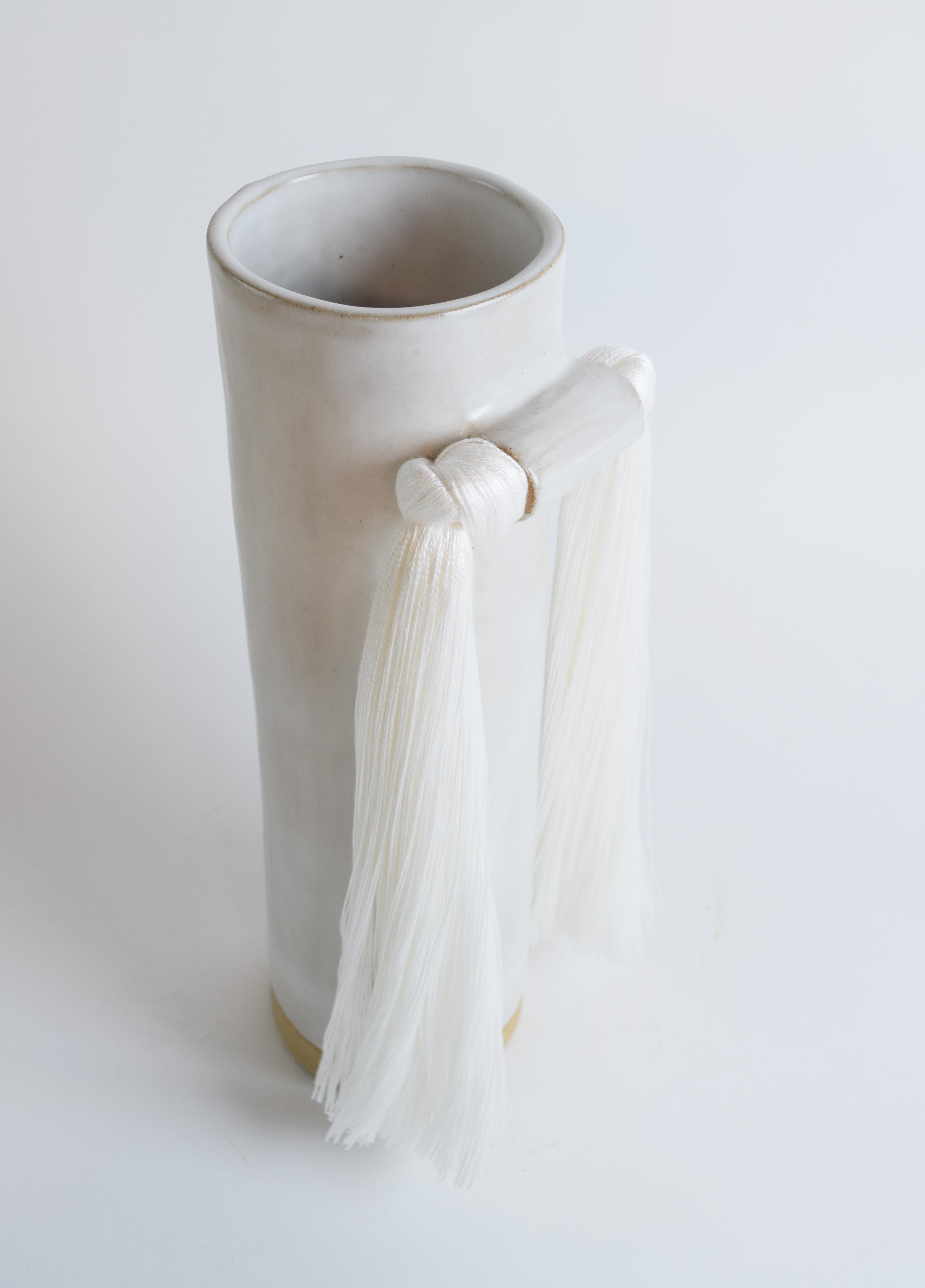 American Handmade Ceramic Vase #531 in Satin White Glaze with White Tencel Fringe Detail For Sale