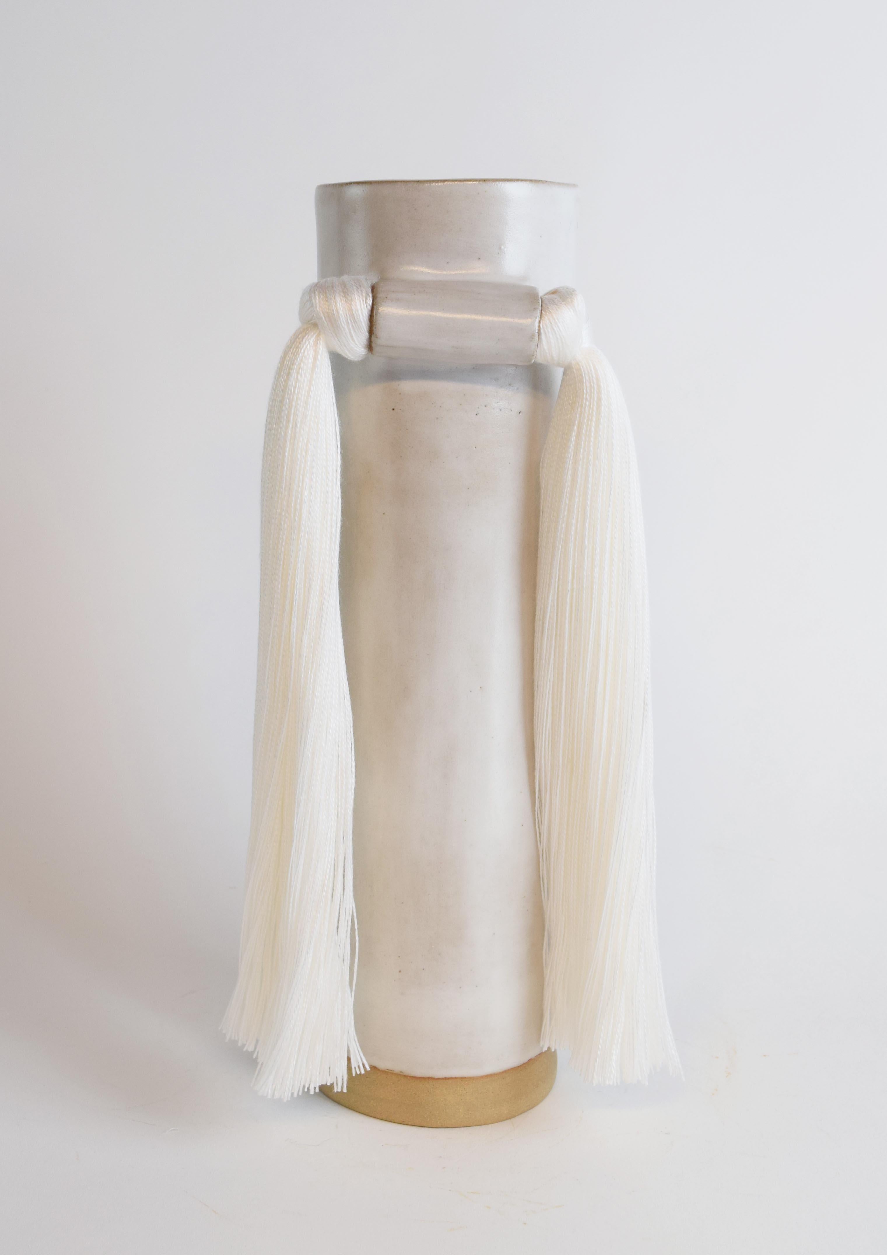 Hand-Crafted Handmade Ceramic Vase #531 in Satin White Glaze with White Tencel Fringe Detail For Sale