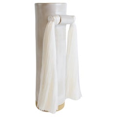 Handmade Ceramic Vase #531 in Satin White Glaze with White Tencel Fringe Detail
