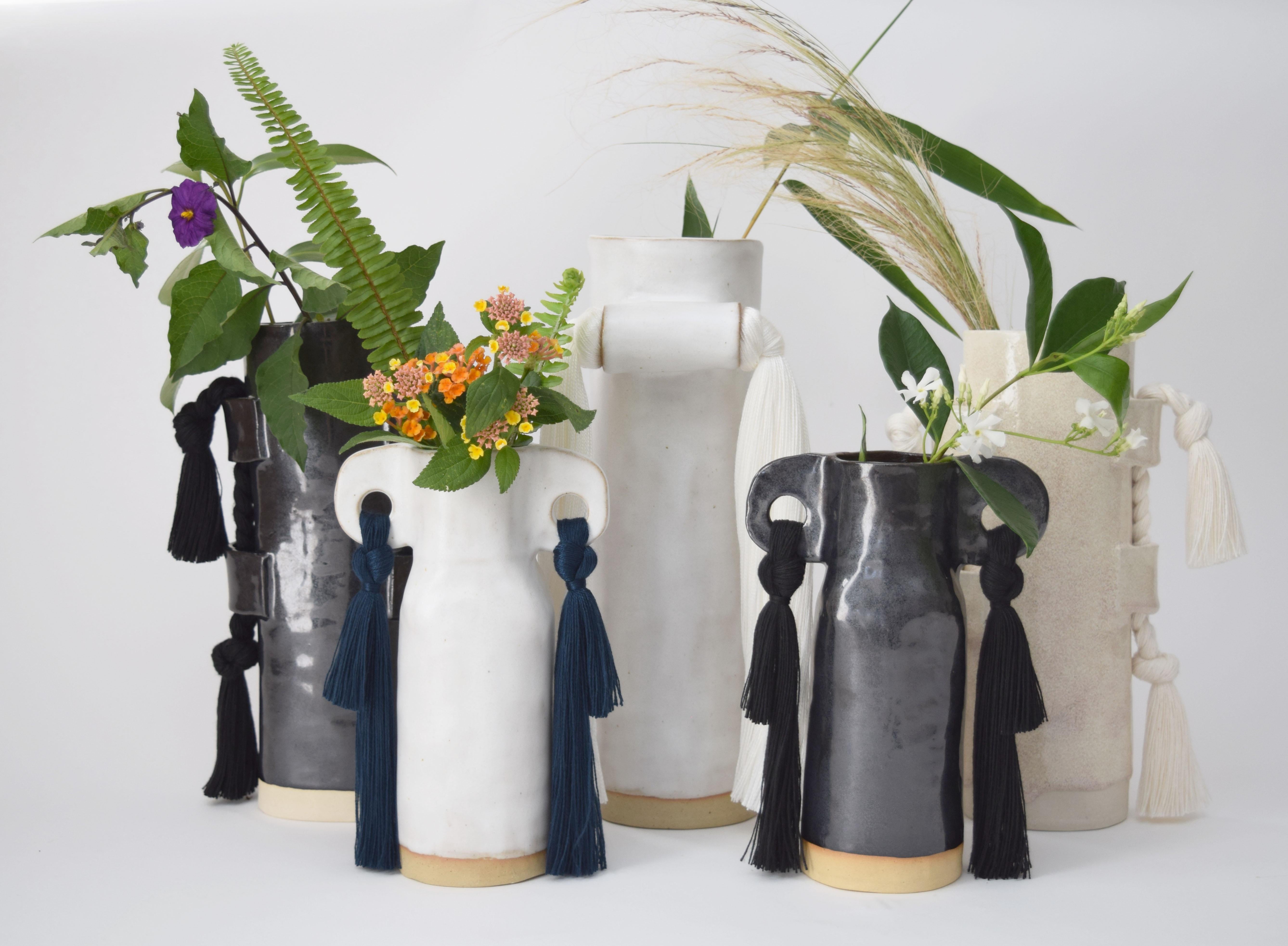 Hand-Crafted Handmade Ceramic Vase #606 in Black Glaze with Cotton Fringe Details For Sale