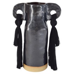 Antique Handmade Ceramic Vase #606 in Black Glaze with Cotton Fringe Details