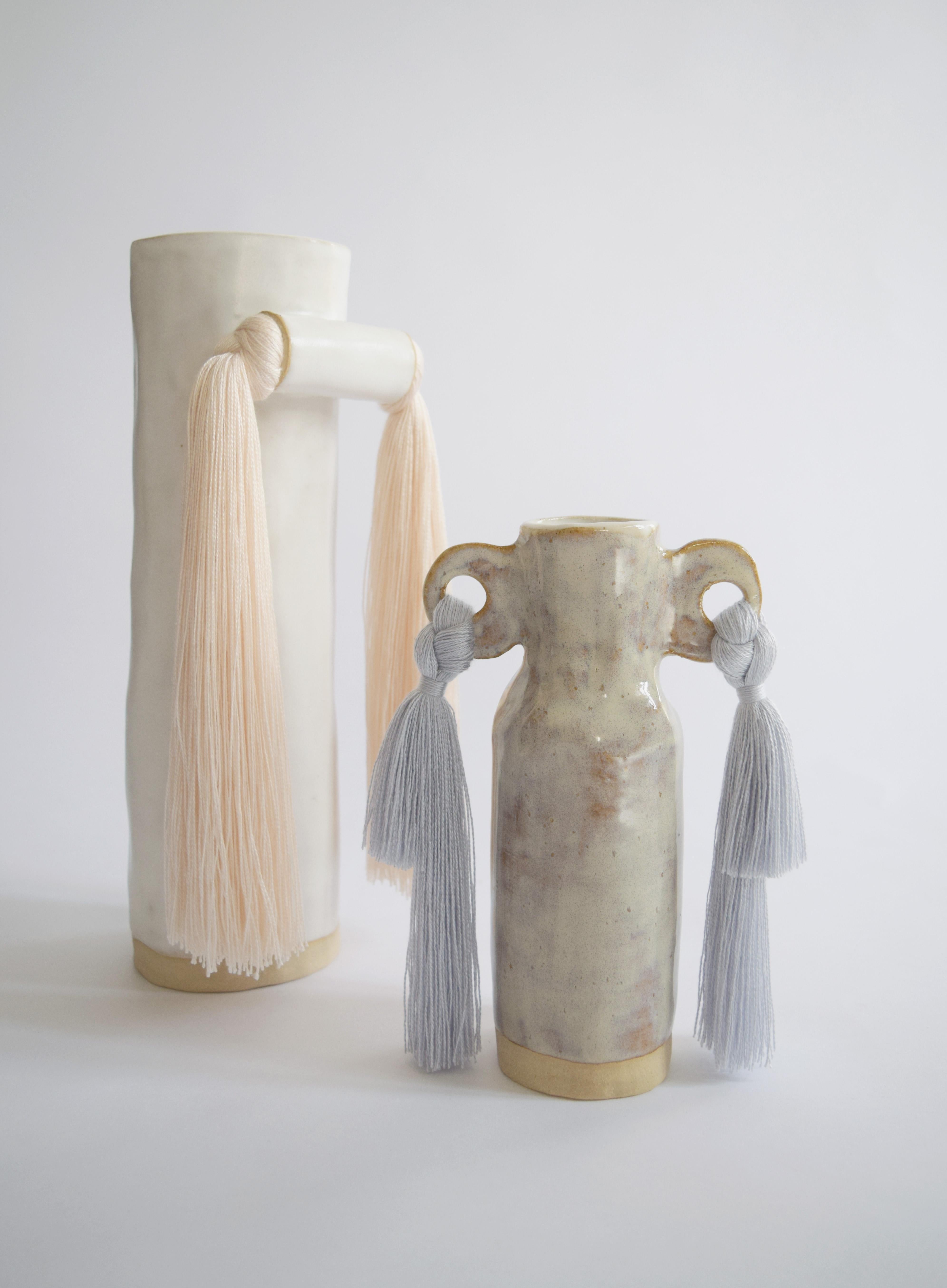 Handmade Ceramic Vase #606 in Gray Glaze with Tencel Fringe Details In New Condition For Sale In Proctorsville, VT