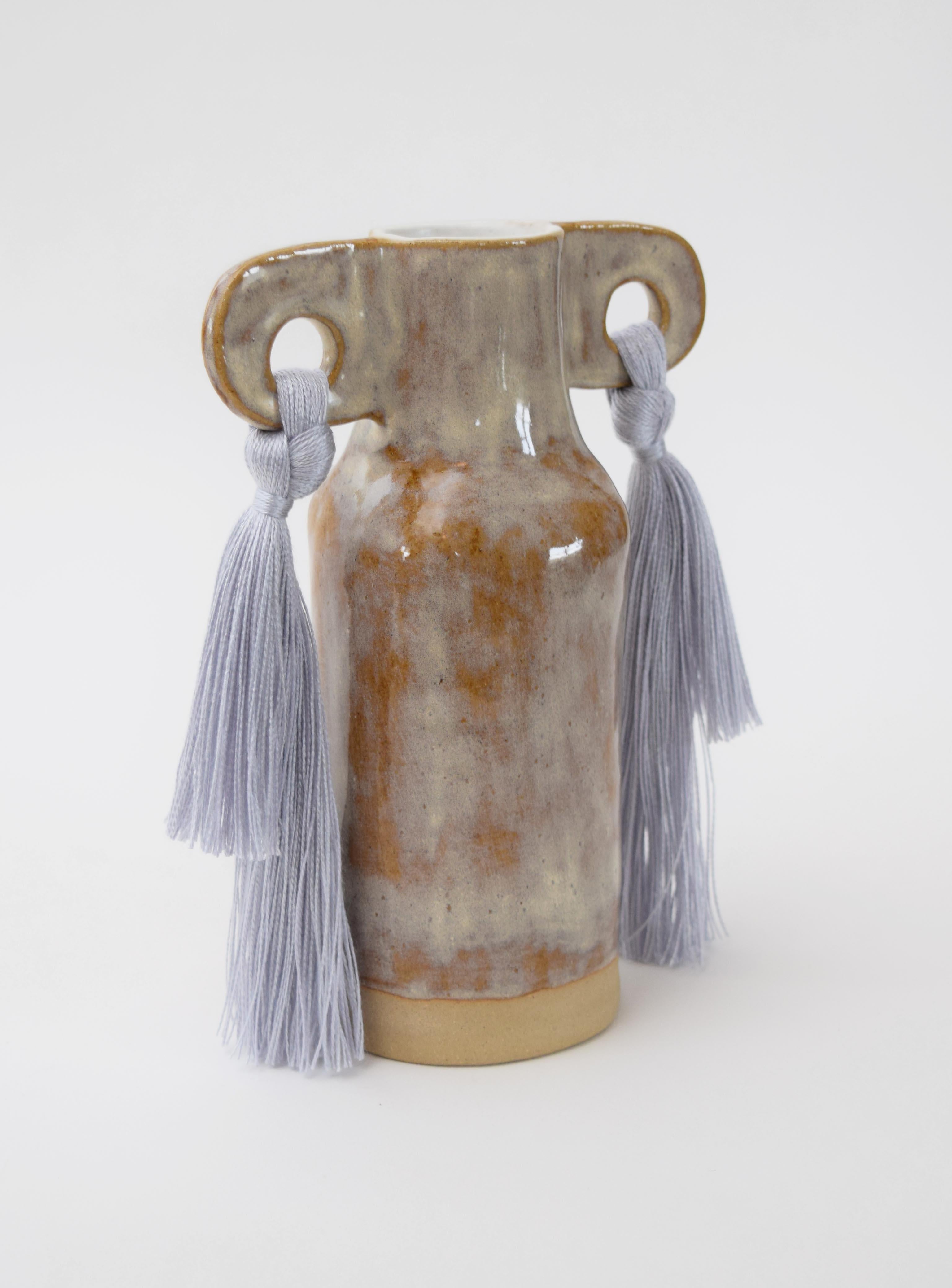 Organic Modern Handmade Ceramic Vase #606 in Gray Glaze with Tencel Fringe Details For Sale