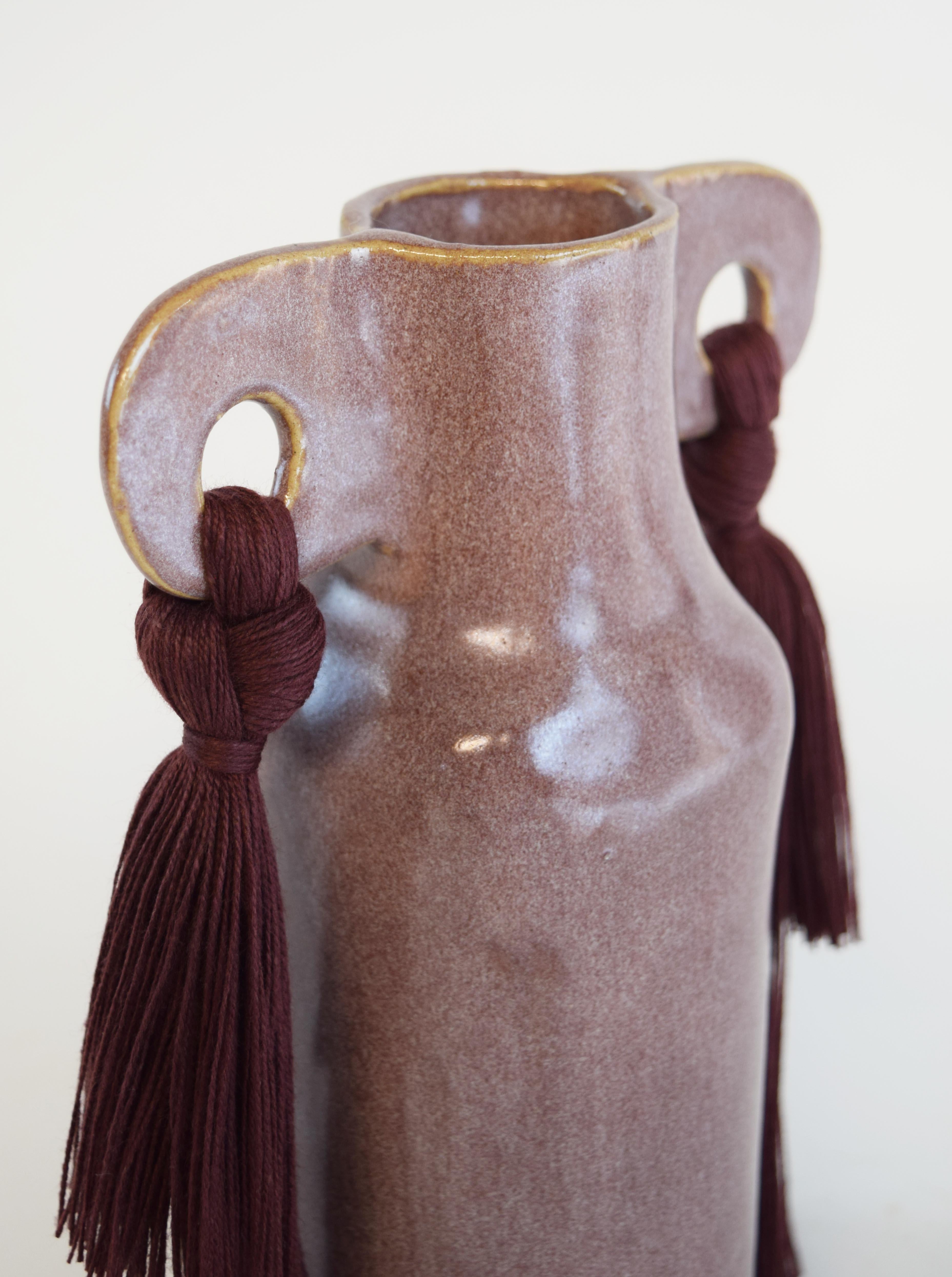 Organic Modern Handmade Ceramic Vase #606 in Light Burgundy Glaze with Tencel Fringe Details For Sale