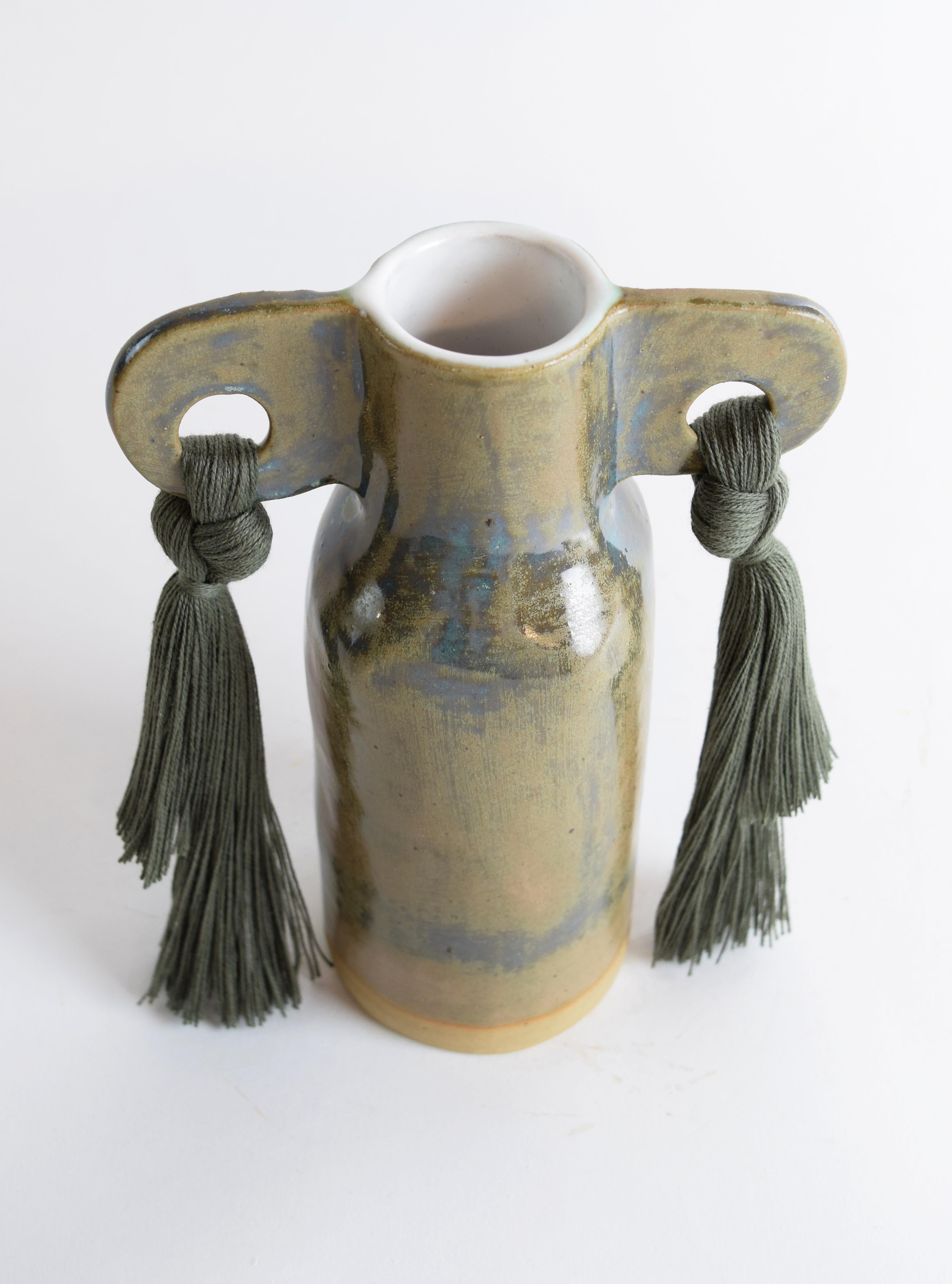 Organic Modern Handmade Ceramic Vase #606 in Olive Glaze with Olive Cotton Fringe Details For Sale