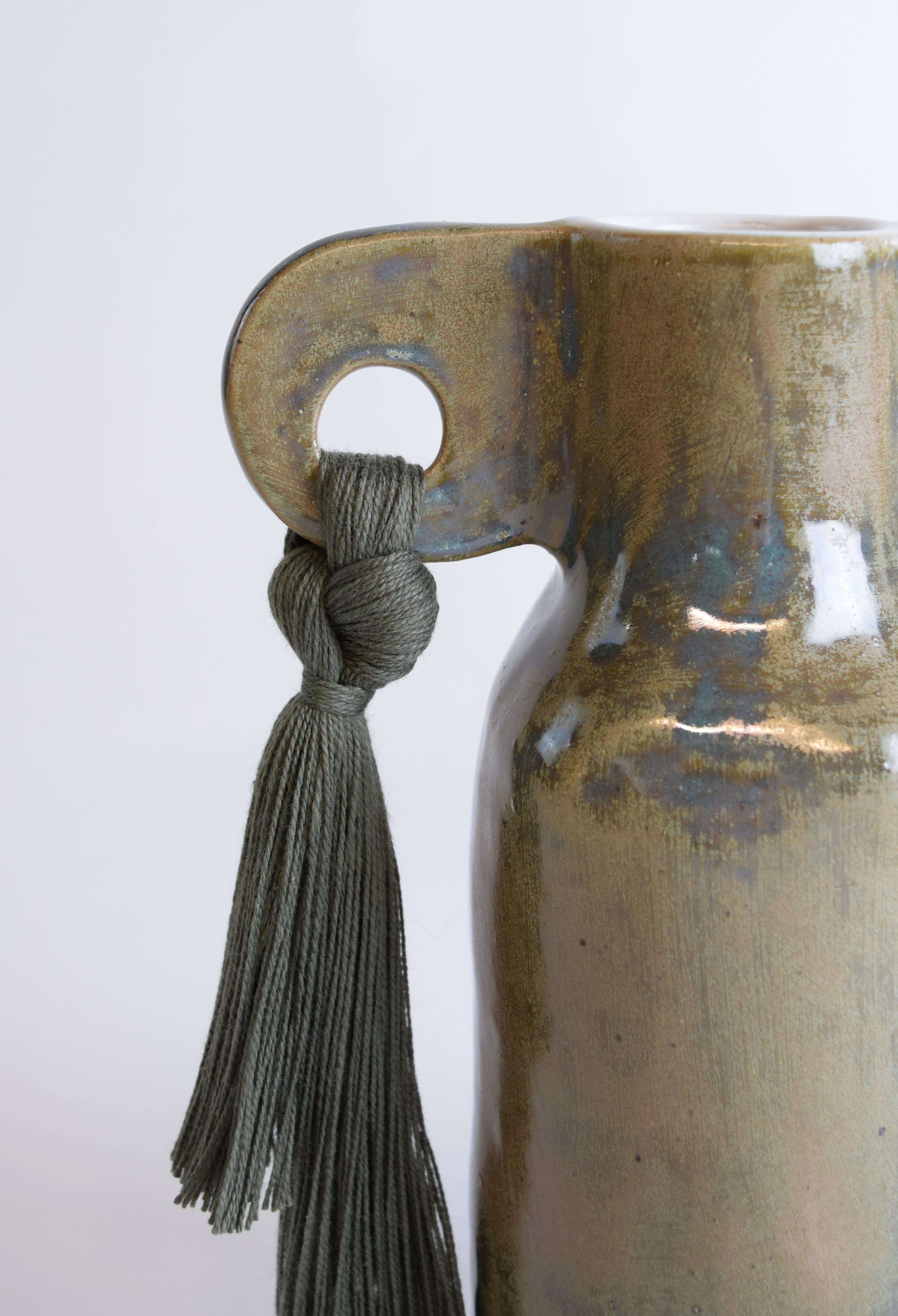 American Handmade Ceramic Vase #606 in Olive Glaze with Olive Cotton Fringe Details For Sale