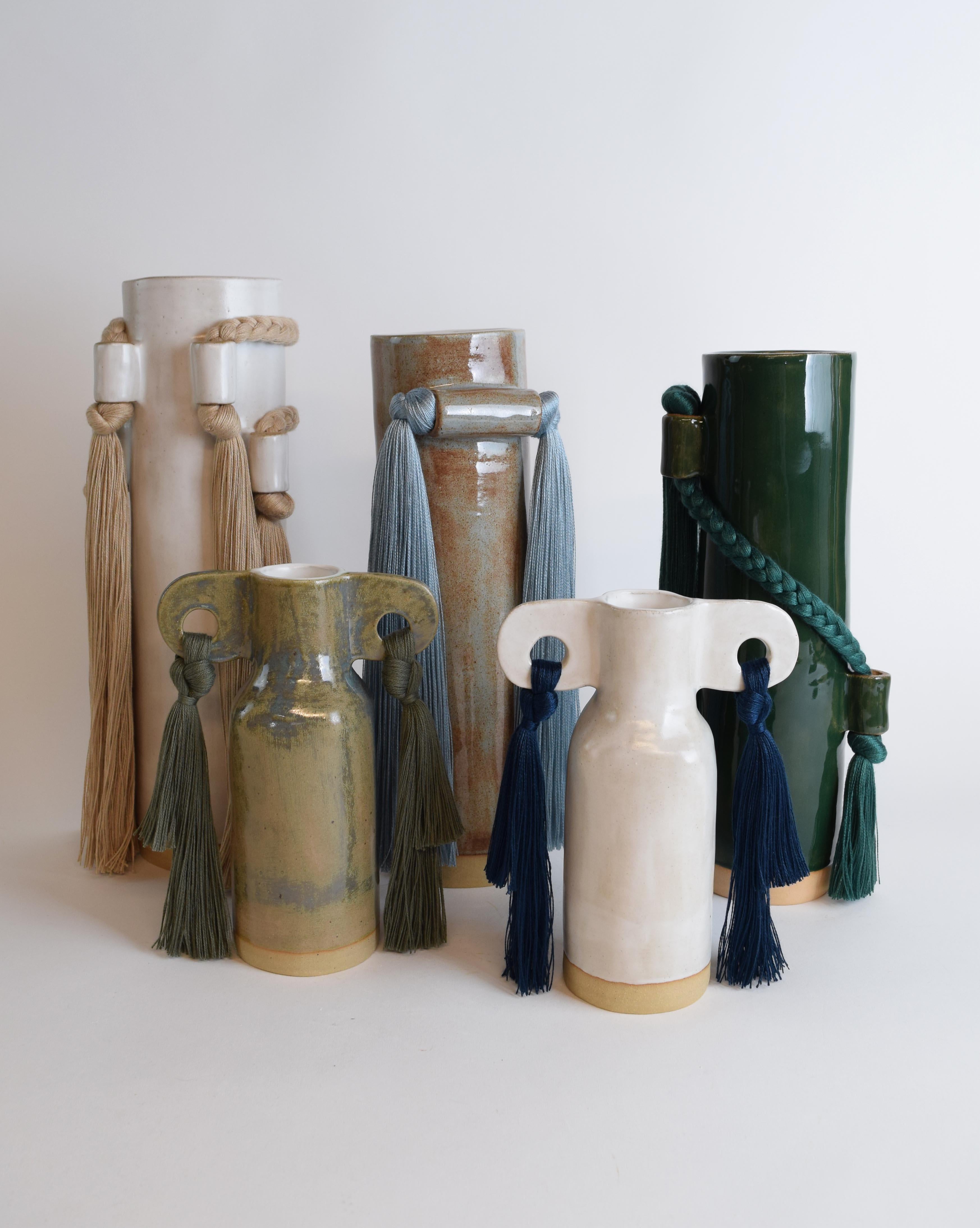 Hand-Crafted Handmade Ceramic Vase #606 in Olive Glaze with Olive Cotton Fringe Details For Sale