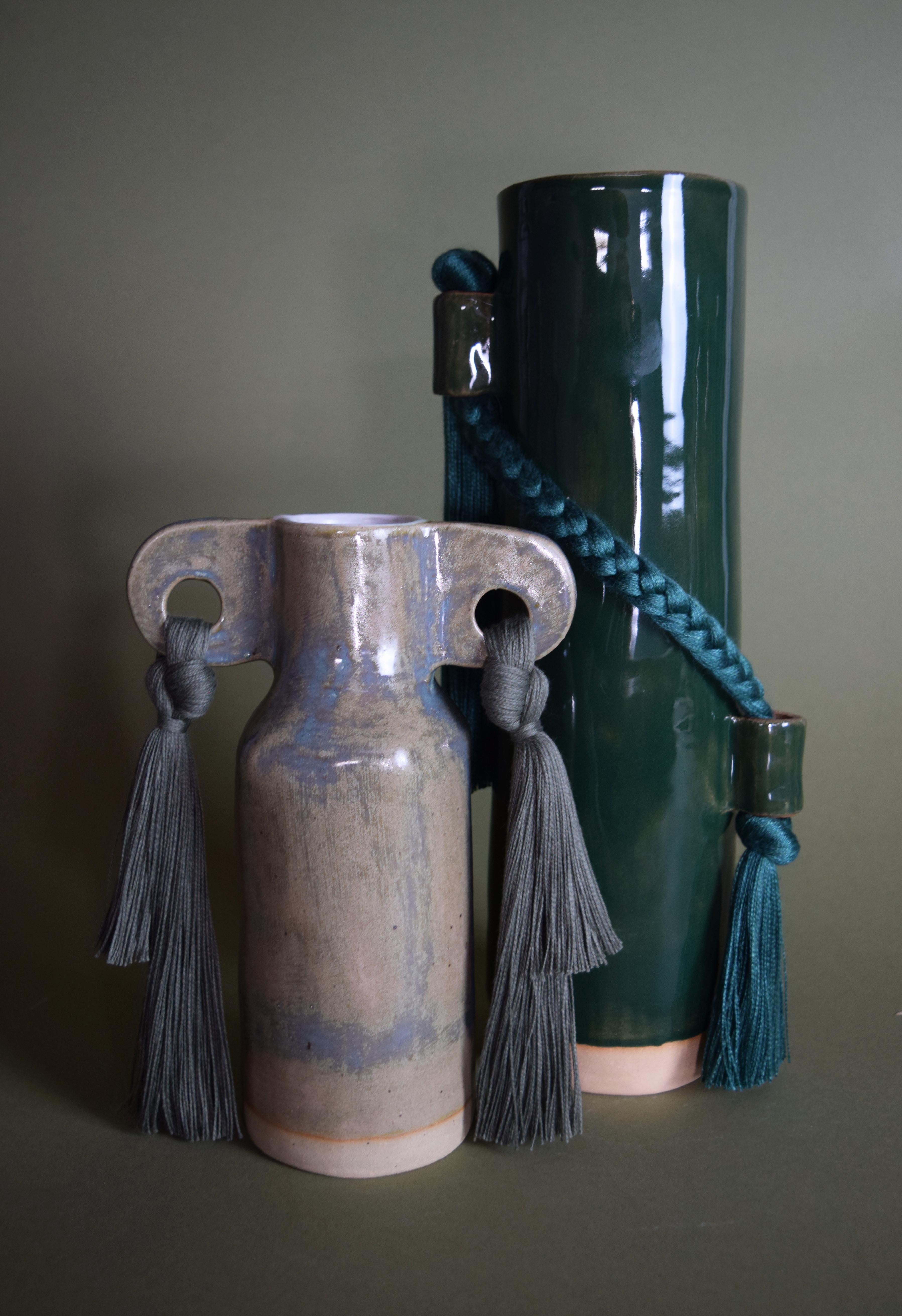 Handmade Ceramic Vase #606 in Olive Glaze with Olive Cotton Fringe Details In New Condition For Sale In Proctorsville, VT
