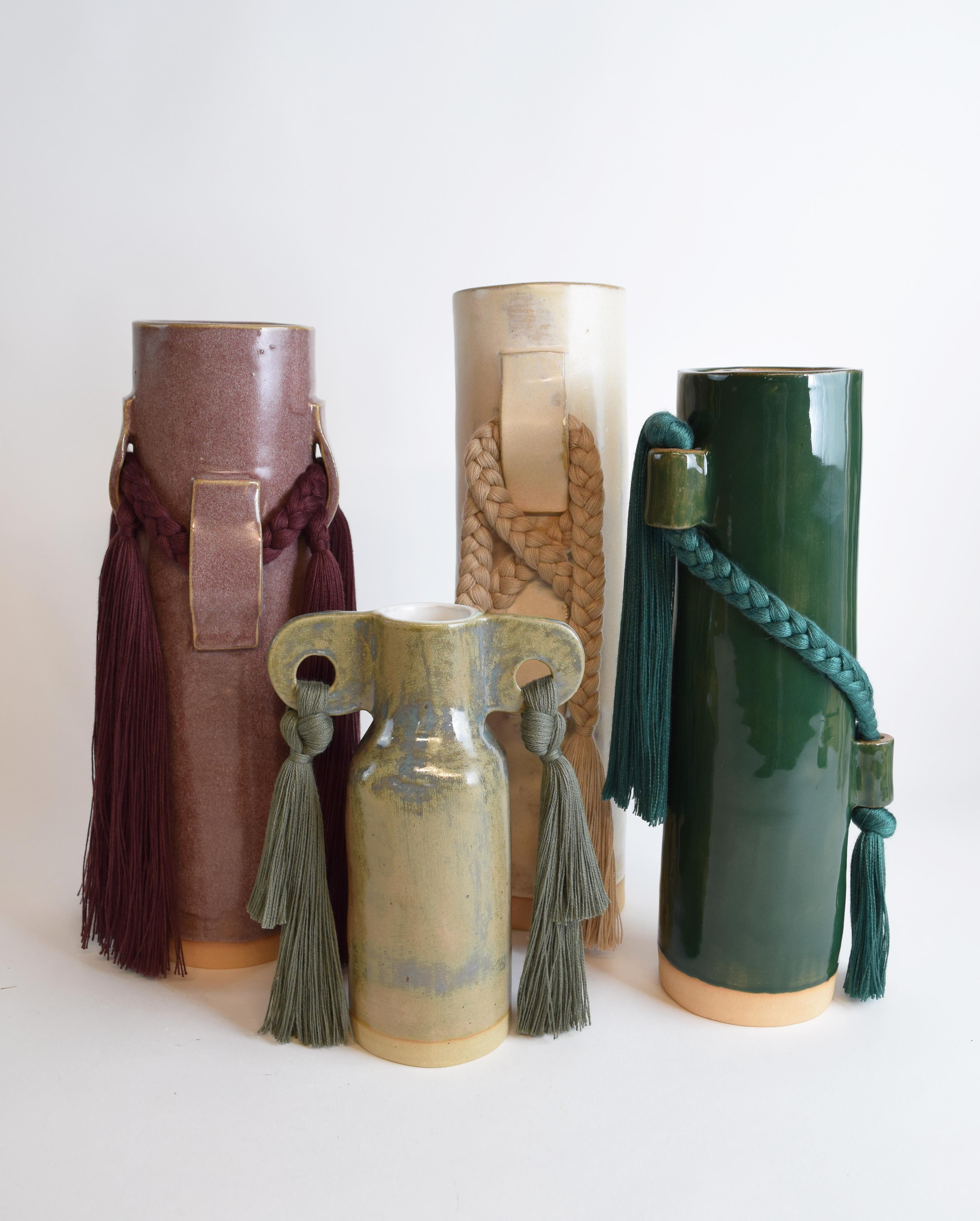 Handmade Ceramic Vase #606 in Olive Glaze with Olive Cotton Fringe Details For Sale 1