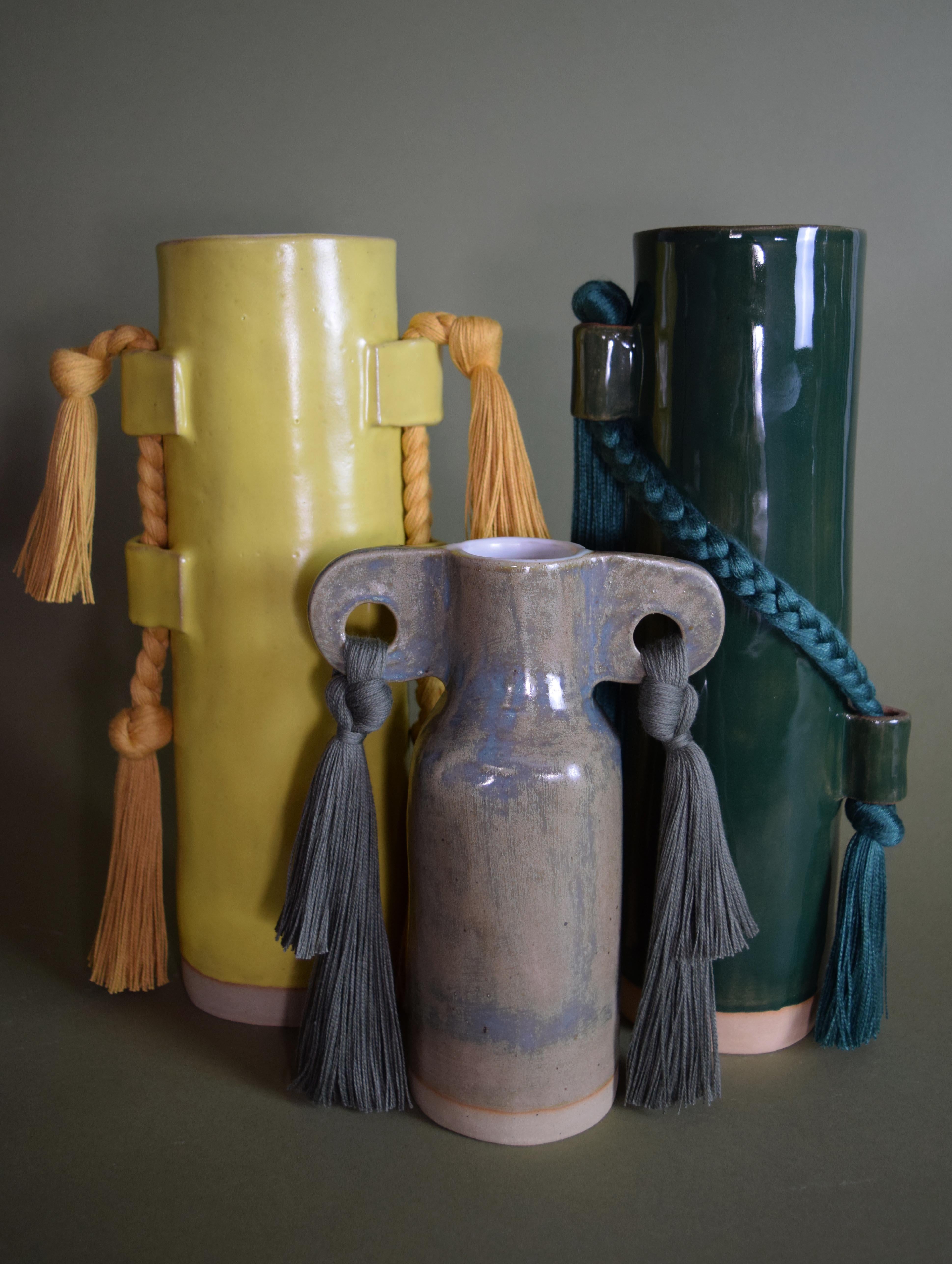 Handmade Ceramic Vase #606 in Olive Glaze with Olive Cotton Fringe Details For Sale 2