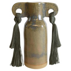 Handmade Ceramic Vase #606 in Olive Glaze with Olive Cotton Fringe Details