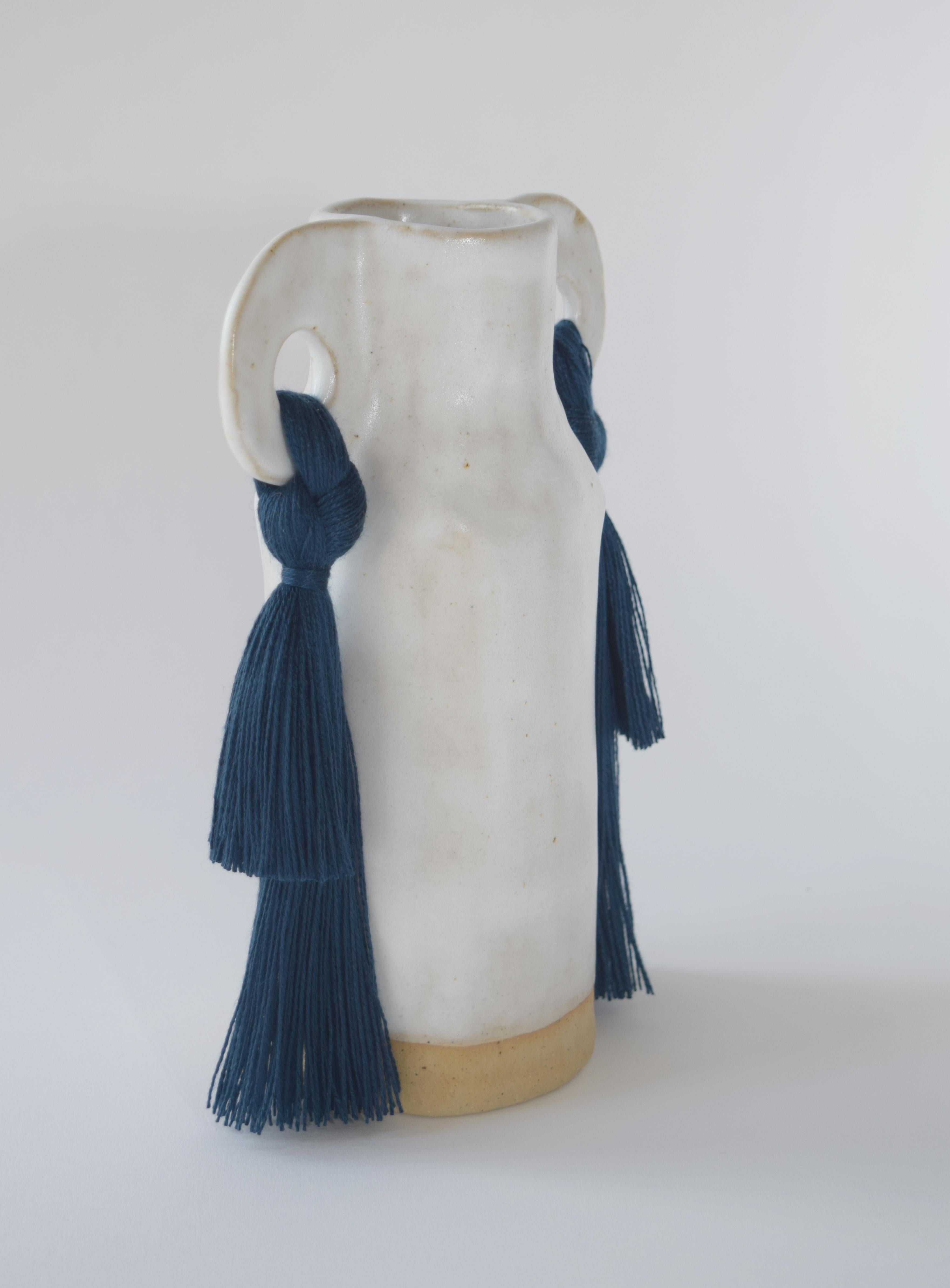 Organic Modern Handmade Ceramic Vase #606 in White Glaze with Navy Tencel Fringe Details For Sale