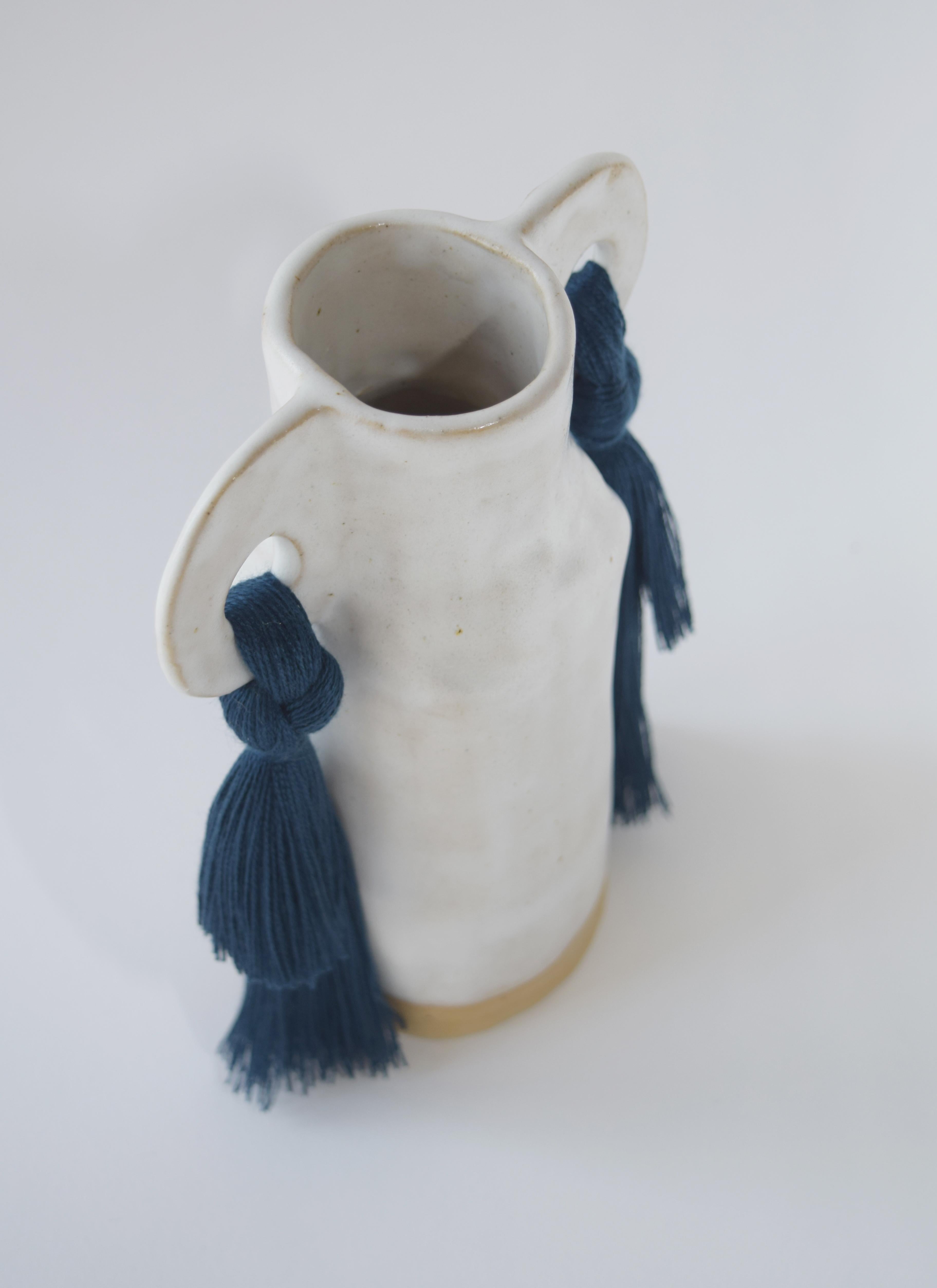 Hand-Crafted Handmade Ceramic Vase #606 in White Glaze with Navy Tencel Fringe Details For Sale
