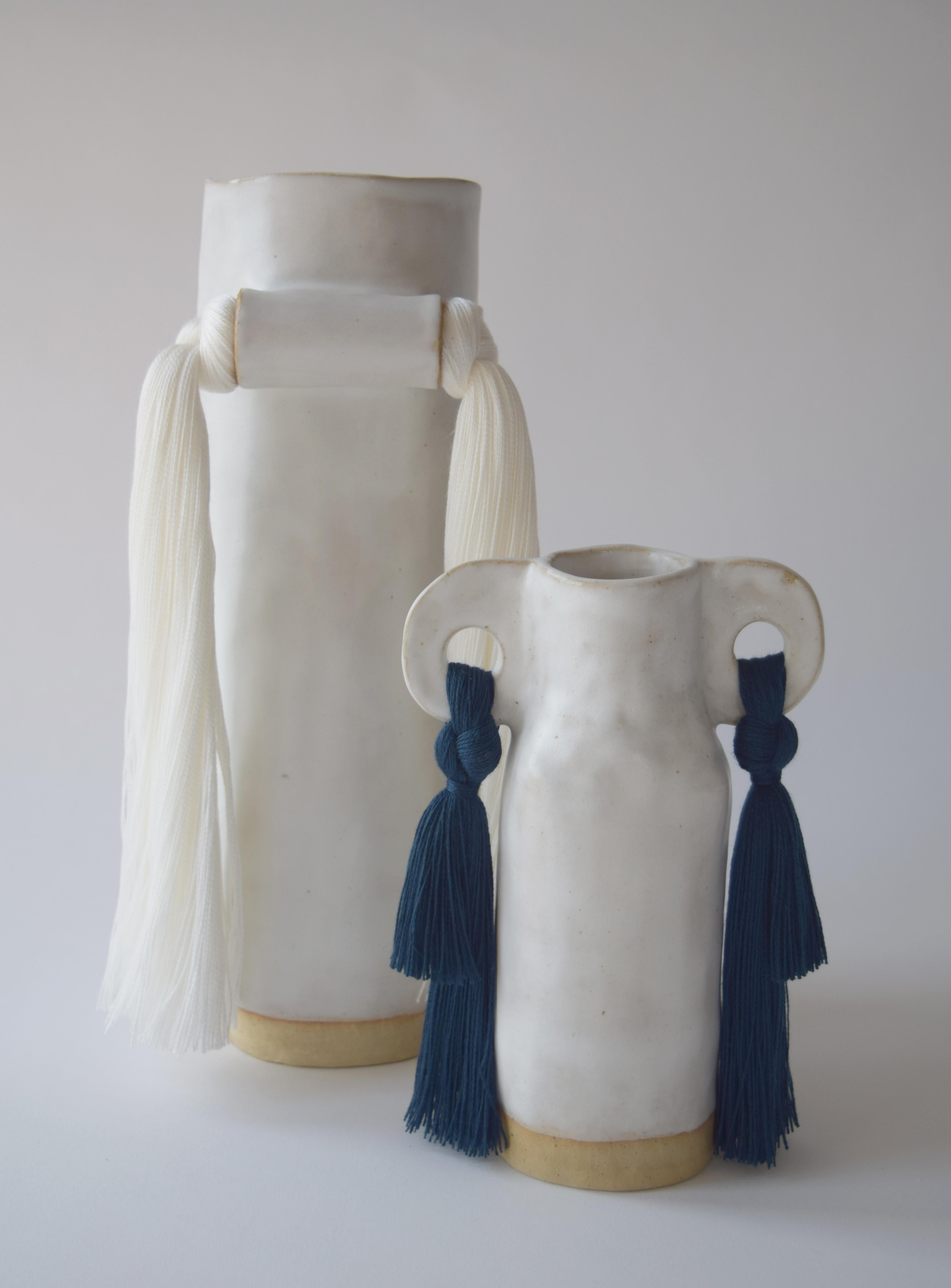Handmade Ceramic Vase #606 in White Glaze with Navy Tencel Fringe Details In New Condition For Sale In Proctorsville, VT
