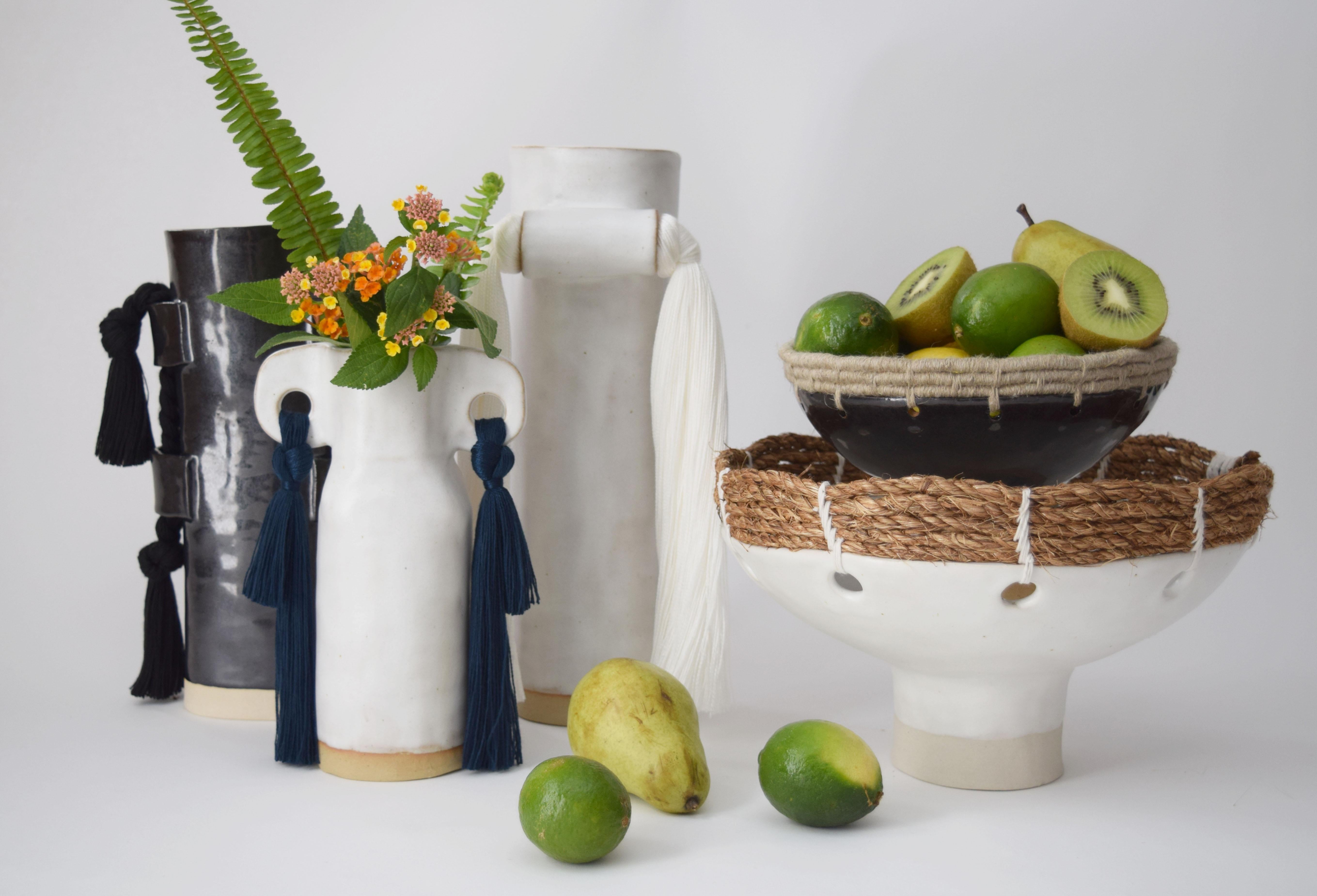 Contemporary Handmade Ceramic Vase #606 in White Glaze with Navy Tencel Fringe Details For Sale