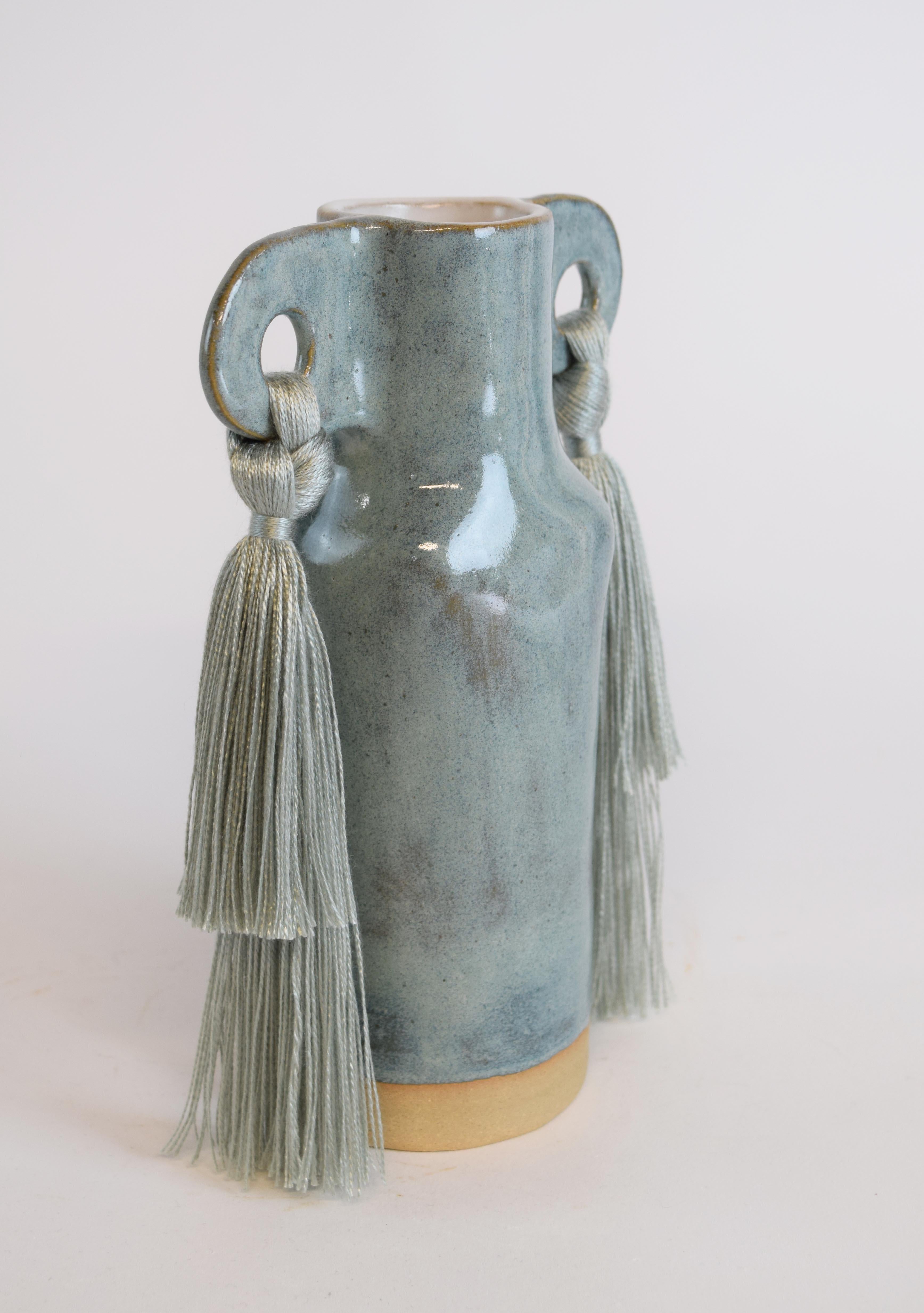 Organic Modern Handmade Ceramic Vase #606 Sage - Pale Green Glaze with Tencel Fringe Details For Sale