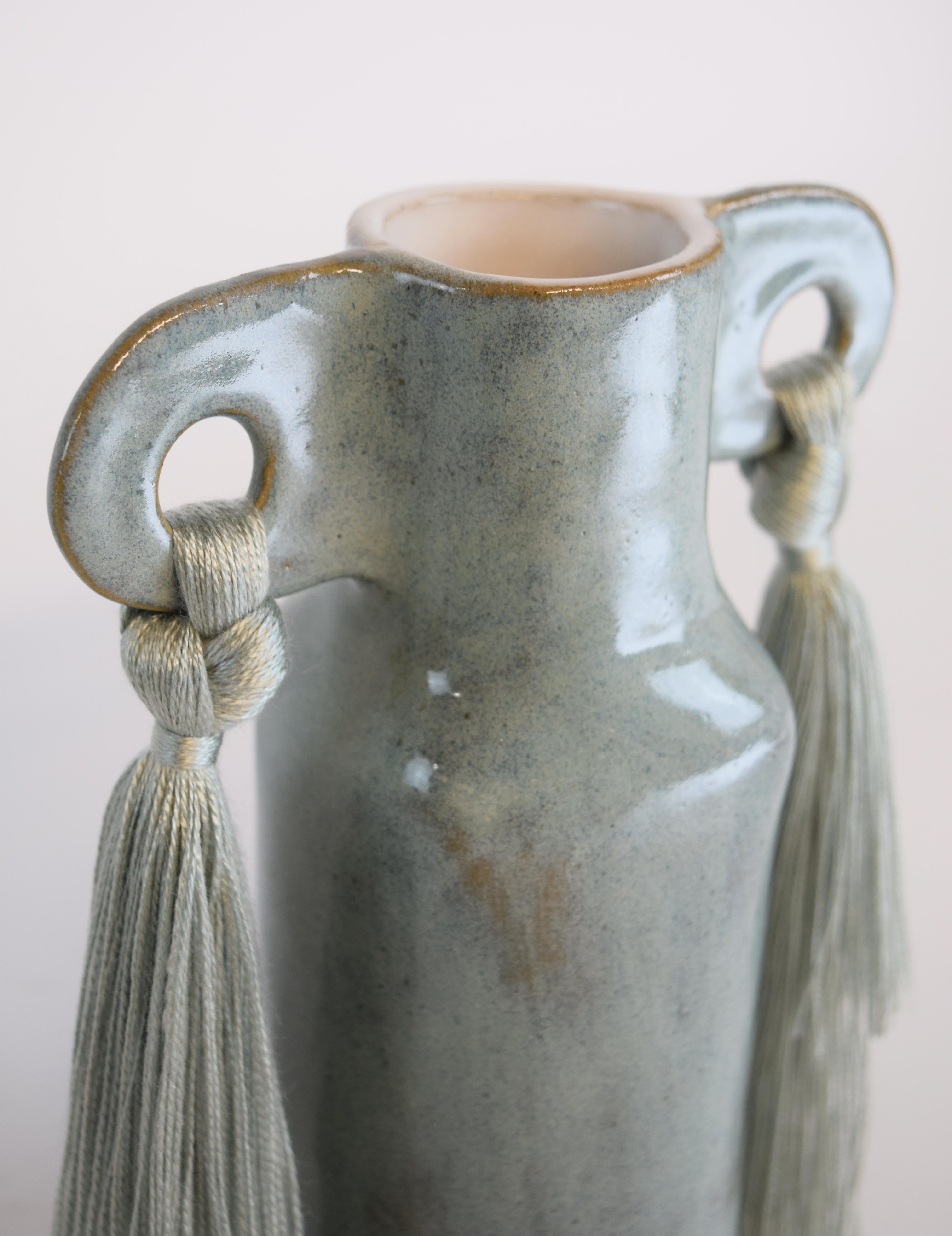 American Handmade Ceramic Vase #606 Sage - Pale Green Glaze with Tencel Fringe Details For Sale