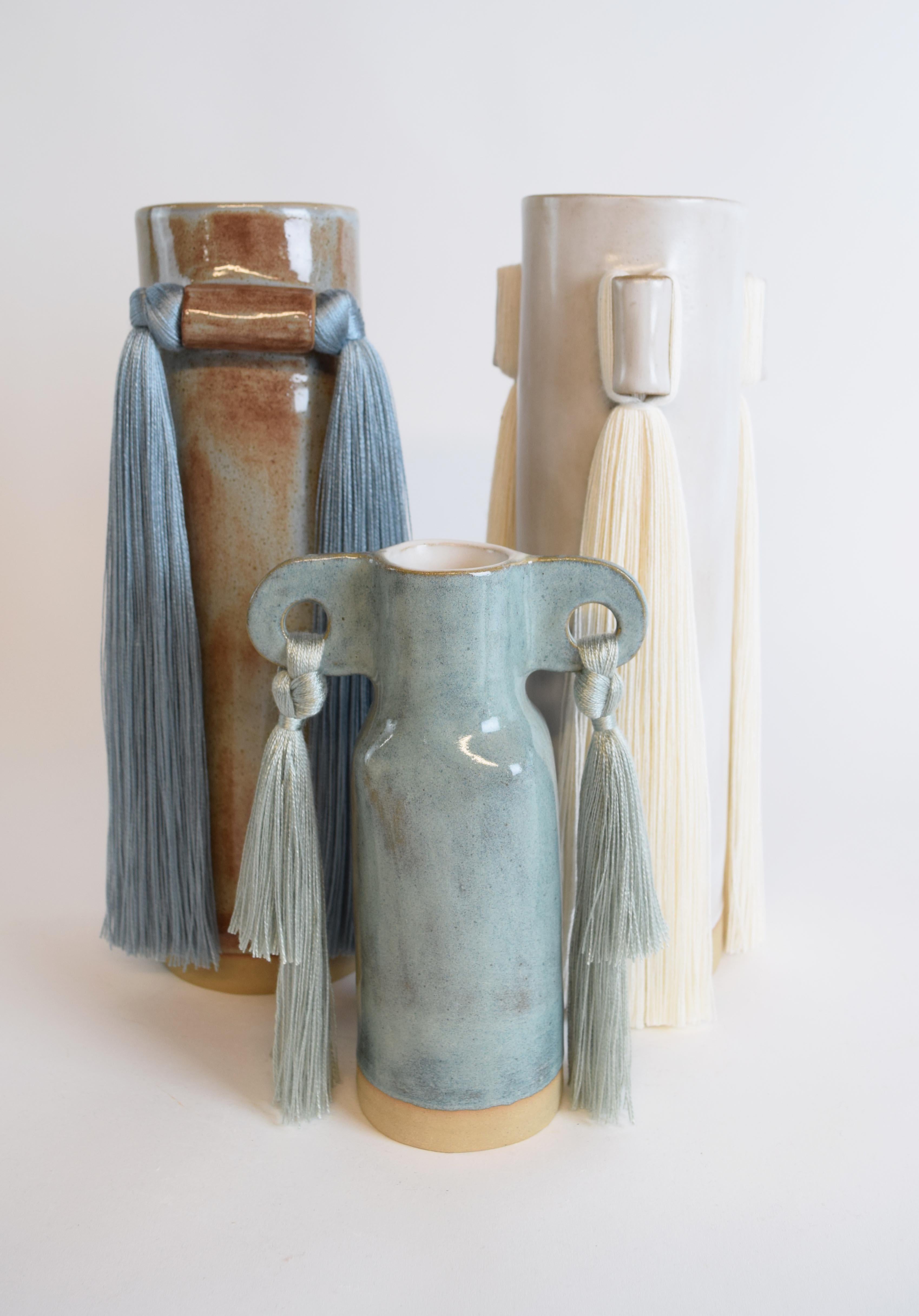 Hand-Crafted Handmade Ceramic Vase #606 Sage - Pale Green Glaze with Tencel Fringe Details For Sale