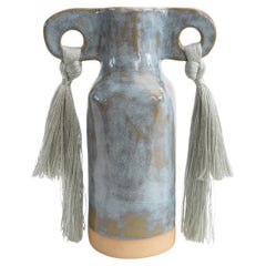 Handmade Ceramic Vase #606 Sage - Pale Green Glaze with Tencel Fringe Details