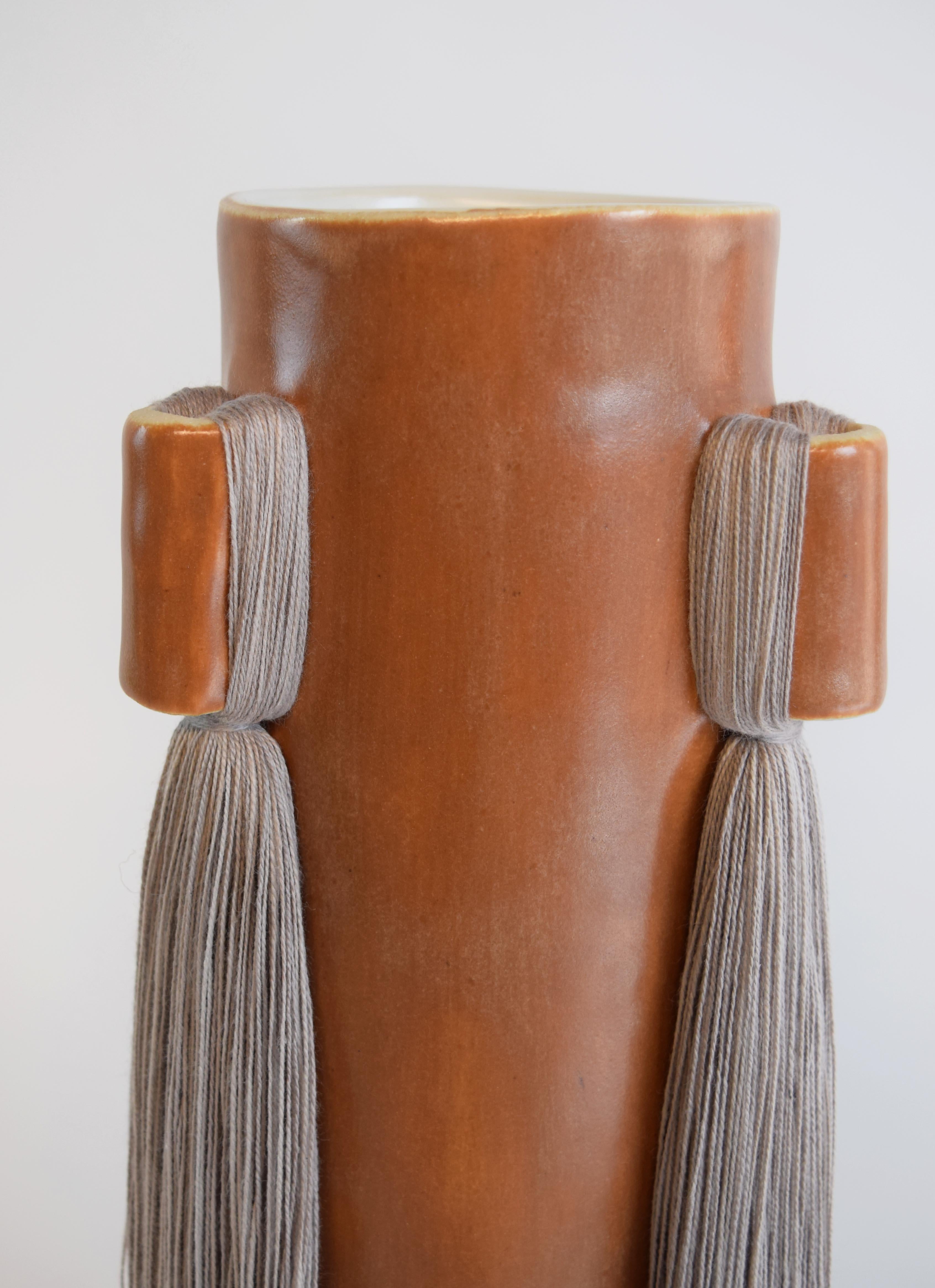 American Handmade Ceramic Vase #607 in Satin Brown Glaze with Gray Cotton Fringe Detail For Sale