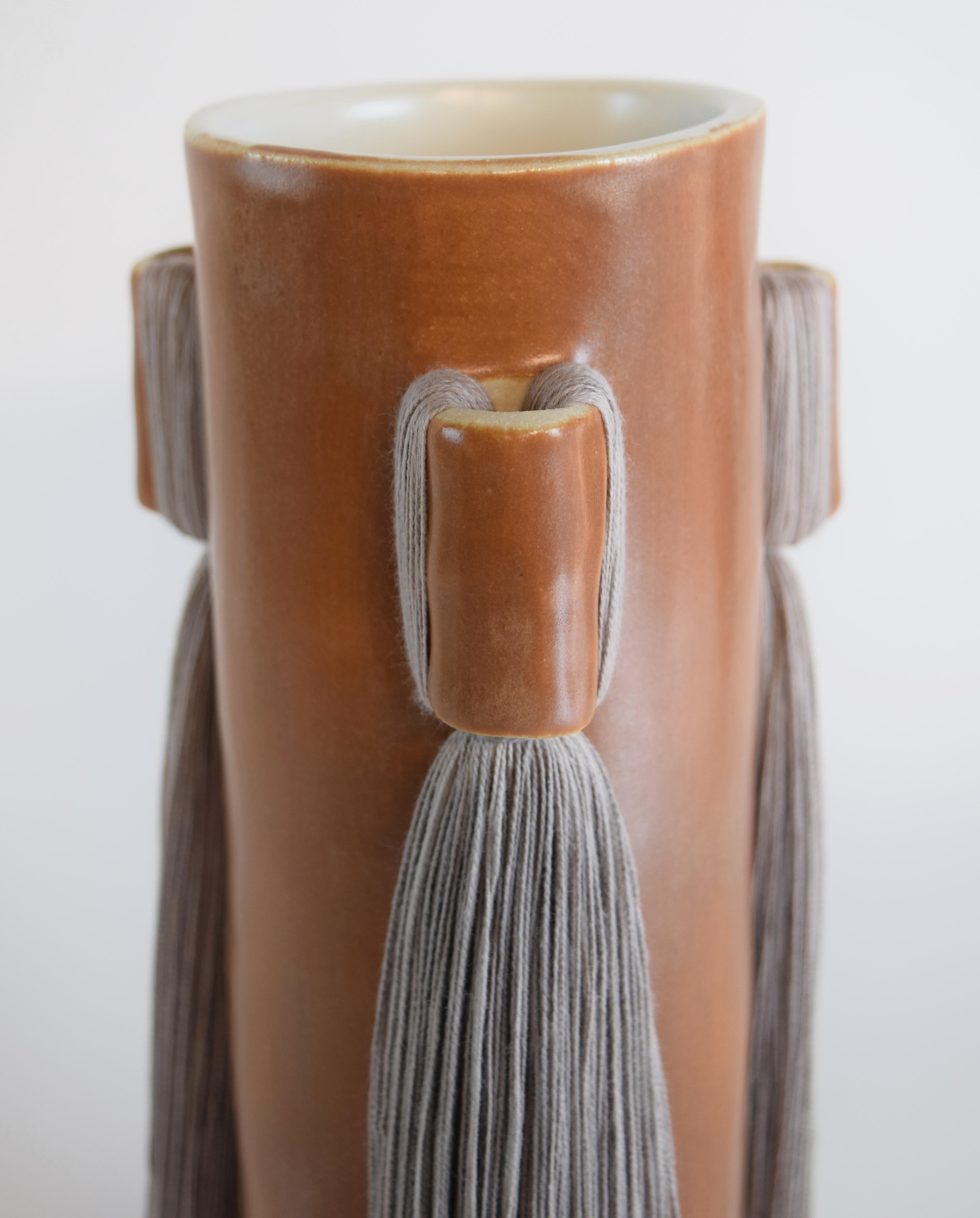Hand-Crafted Handmade Ceramic Vase #607 in Satin Brown Glaze with Gray Cotton Fringe Detail For Sale