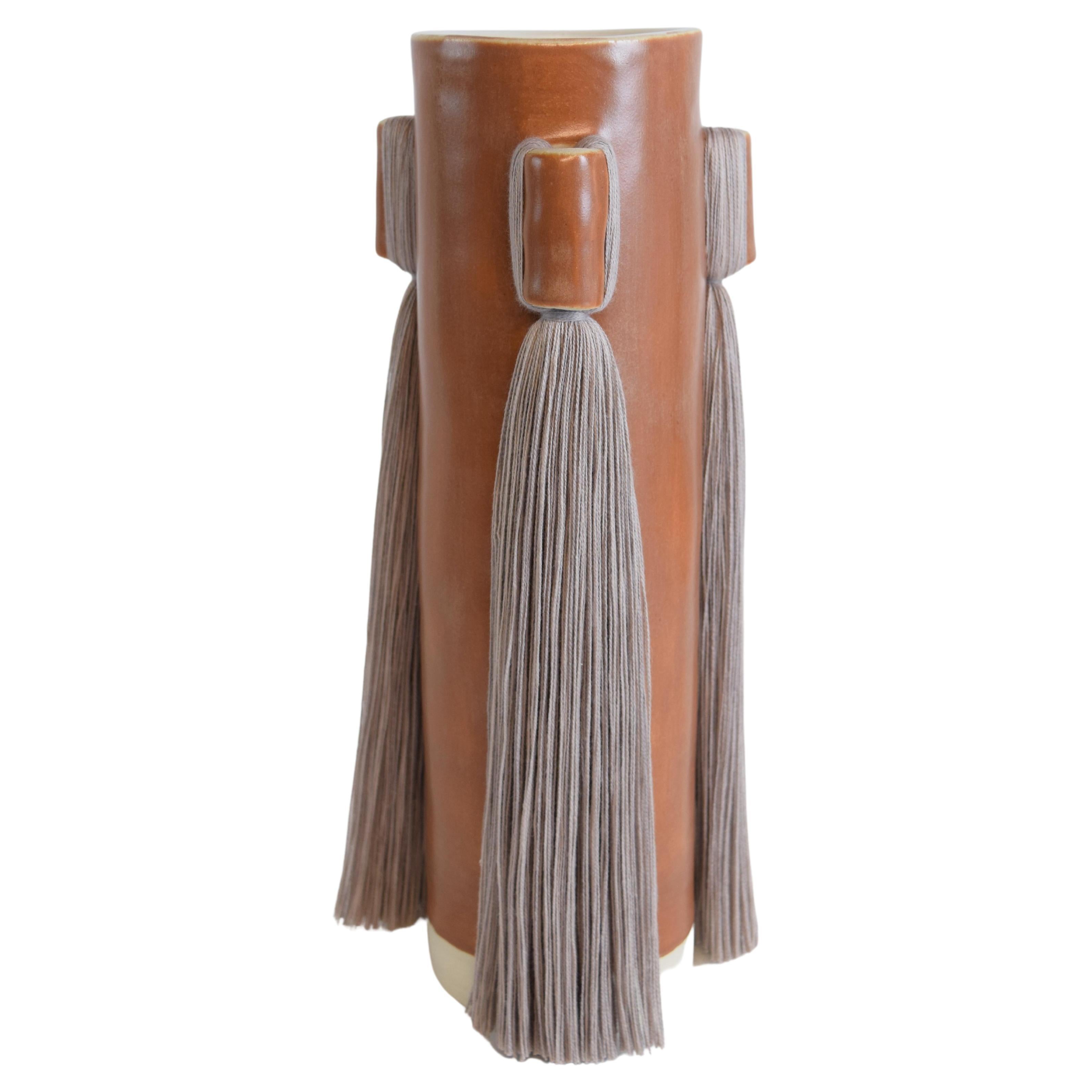 Handmade Ceramic Vase #607 in Satin Brown Glaze with Gray Cotton Fringe Detail