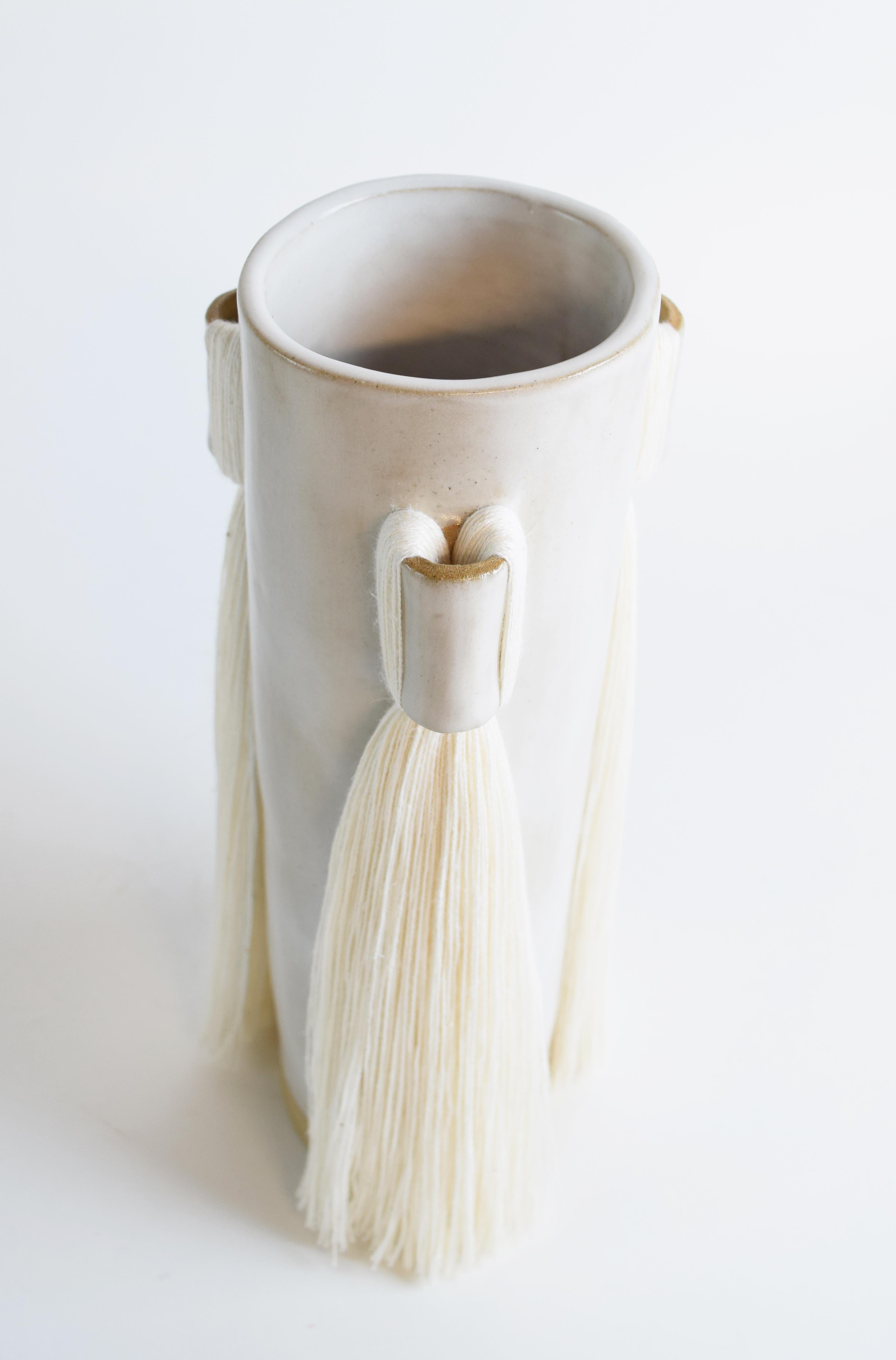 Organic Modern Handmade Ceramic Vase #607 in Satin White with White Cotton Fringe Details For Sale