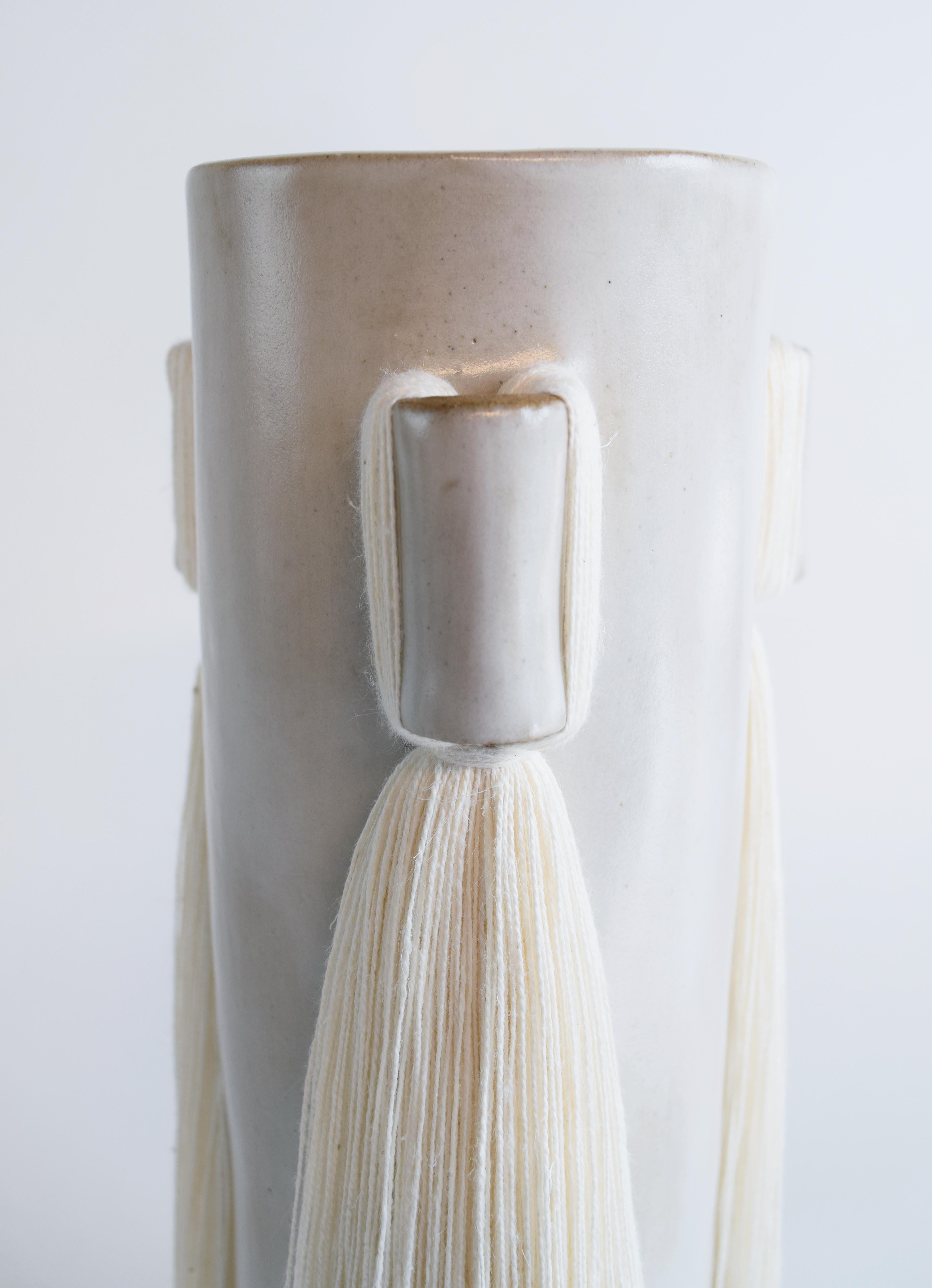 American Handmade Ceramic Vase #607 in Satin White with White Cotton Fringe Details For Sale