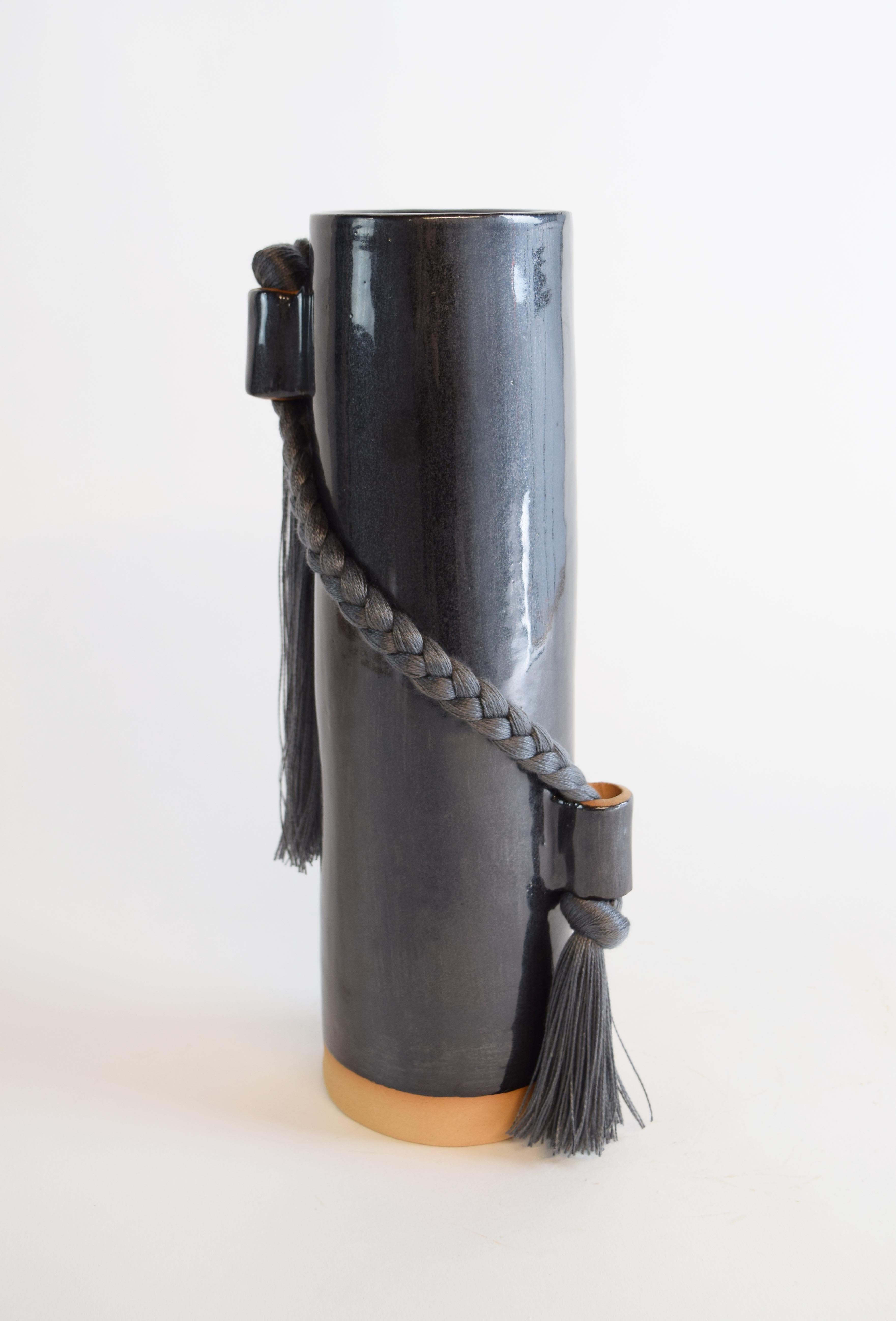 Organic Modern Handmade Ceramic Vase #695 in Black with Charcoal Tencel Braid and Fringe For Sale