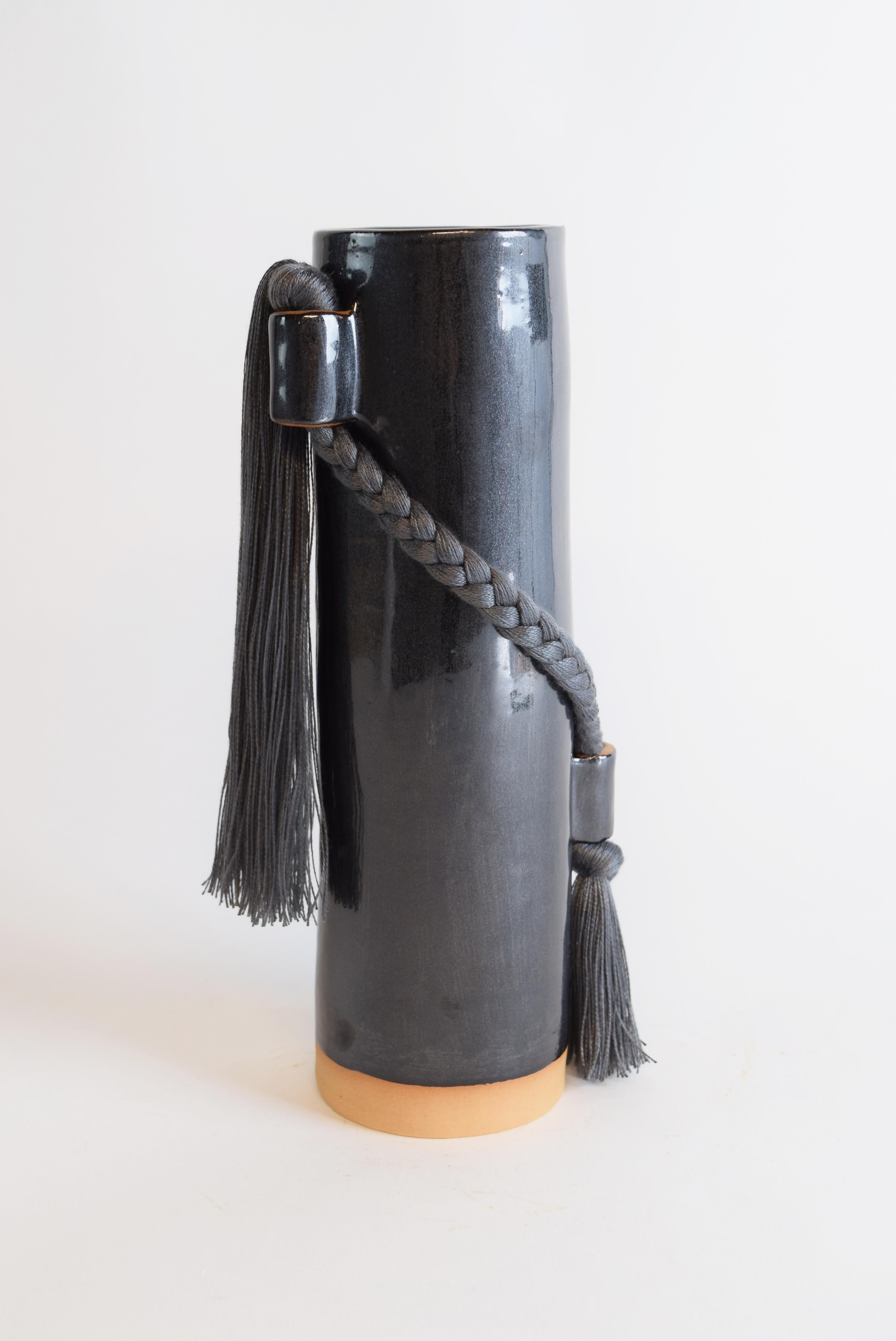 American Handmade Ceramic Vase #695 in Black with Charcoal Tencel Braid and Fringe For Sale