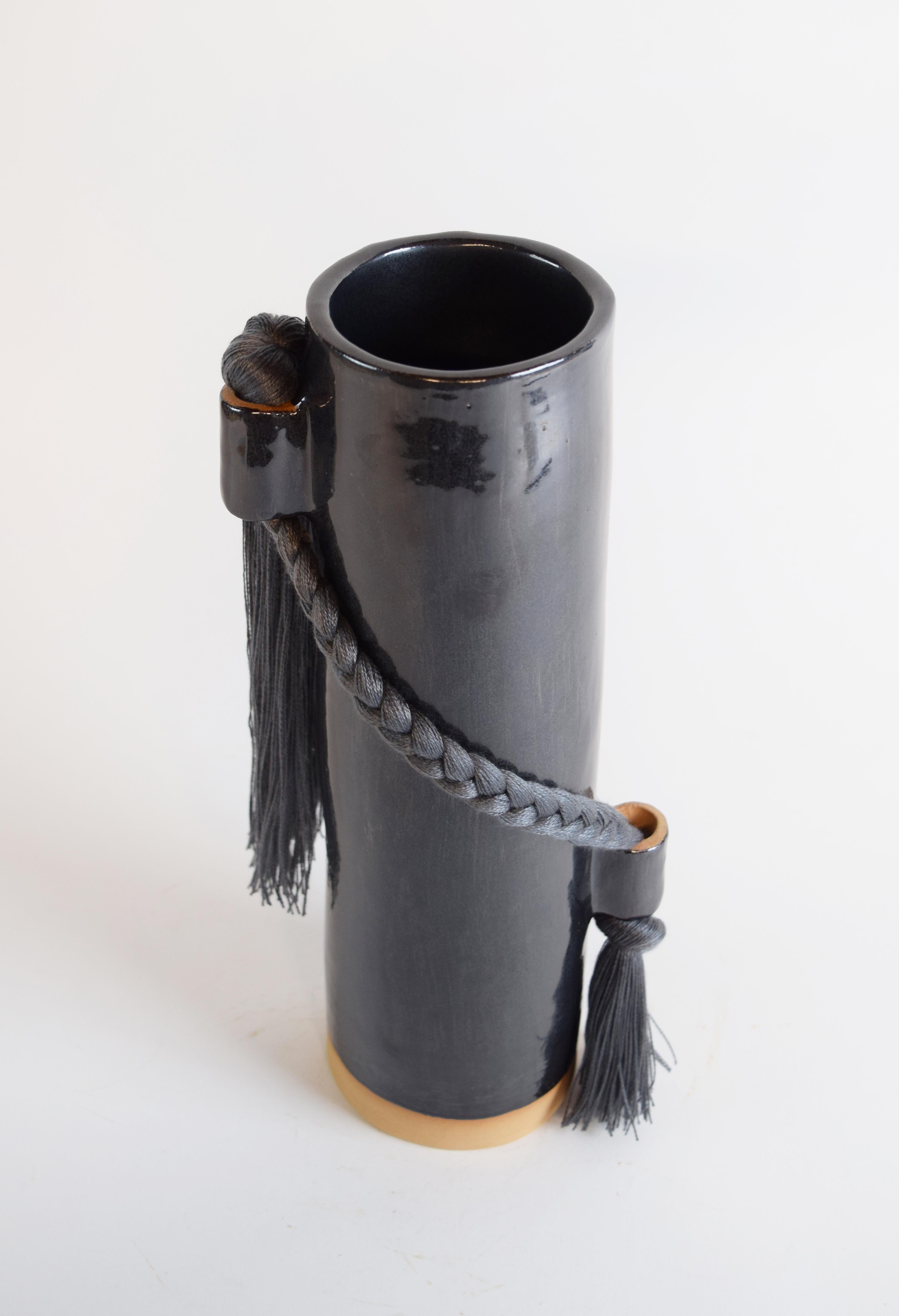 Hand-Crafted Handmade Ceramic Vase #695 in Black with Charcoal Tencel Braid and Fringe For Sale