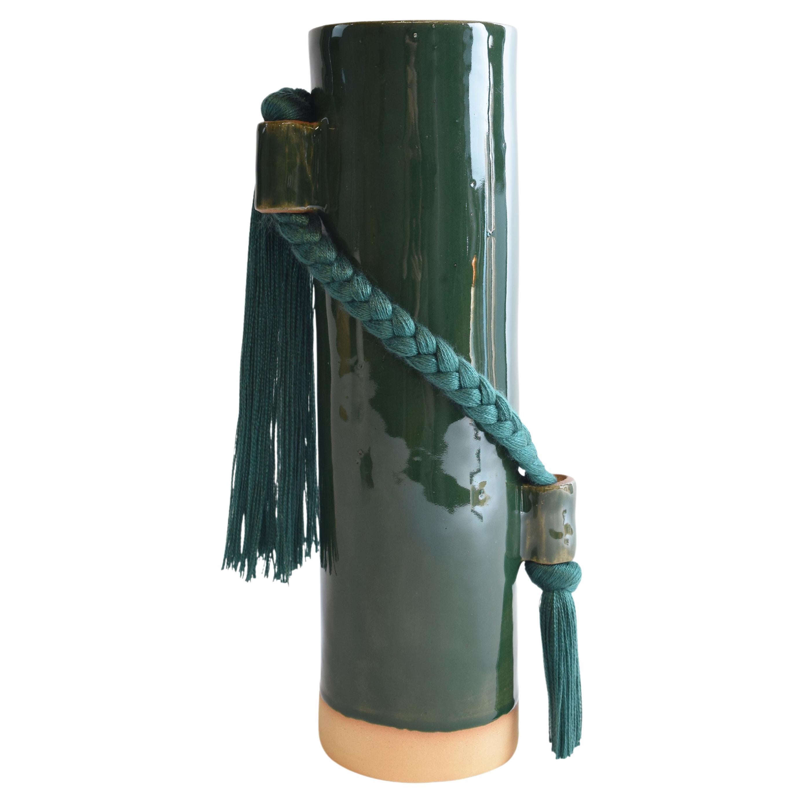 Handmade Ceramic Vase #695 in Dark Green with Green Tencel Braid and Fringe For Sale