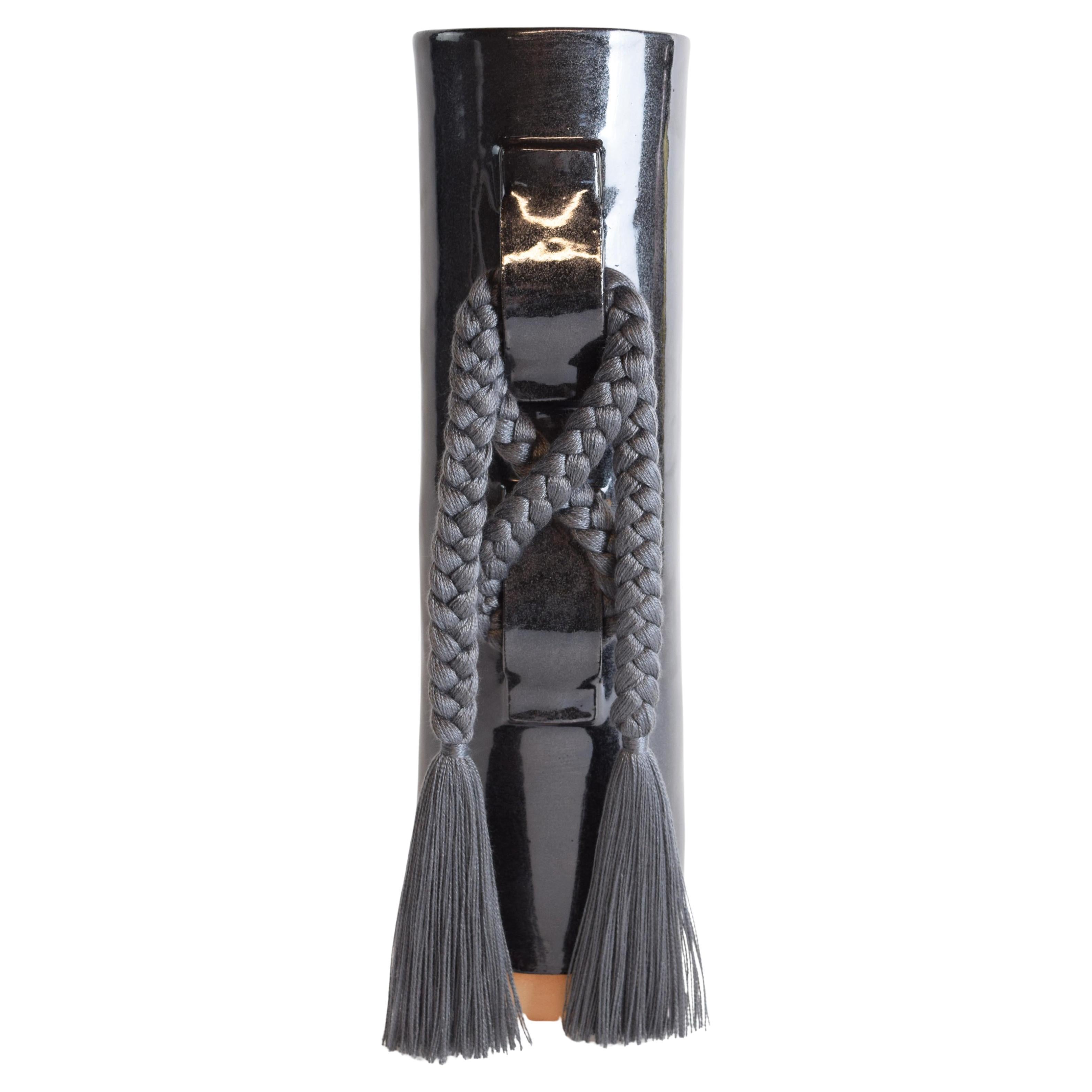Handmade Ceramic Vase #696 in Black with Charcoal Tencel Braid and Fringe